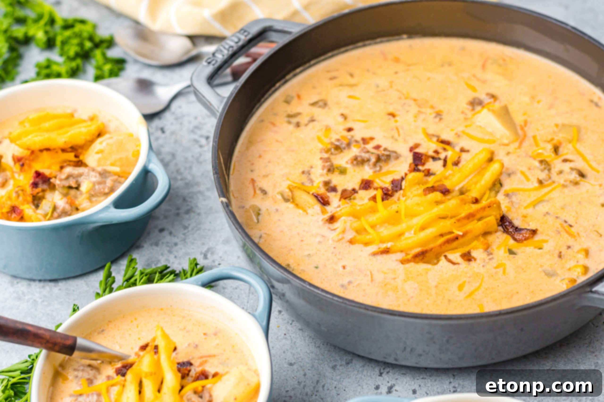 A large pot of slow cooker cheeseburger soup cooking, showing the various ingredients simmering together.