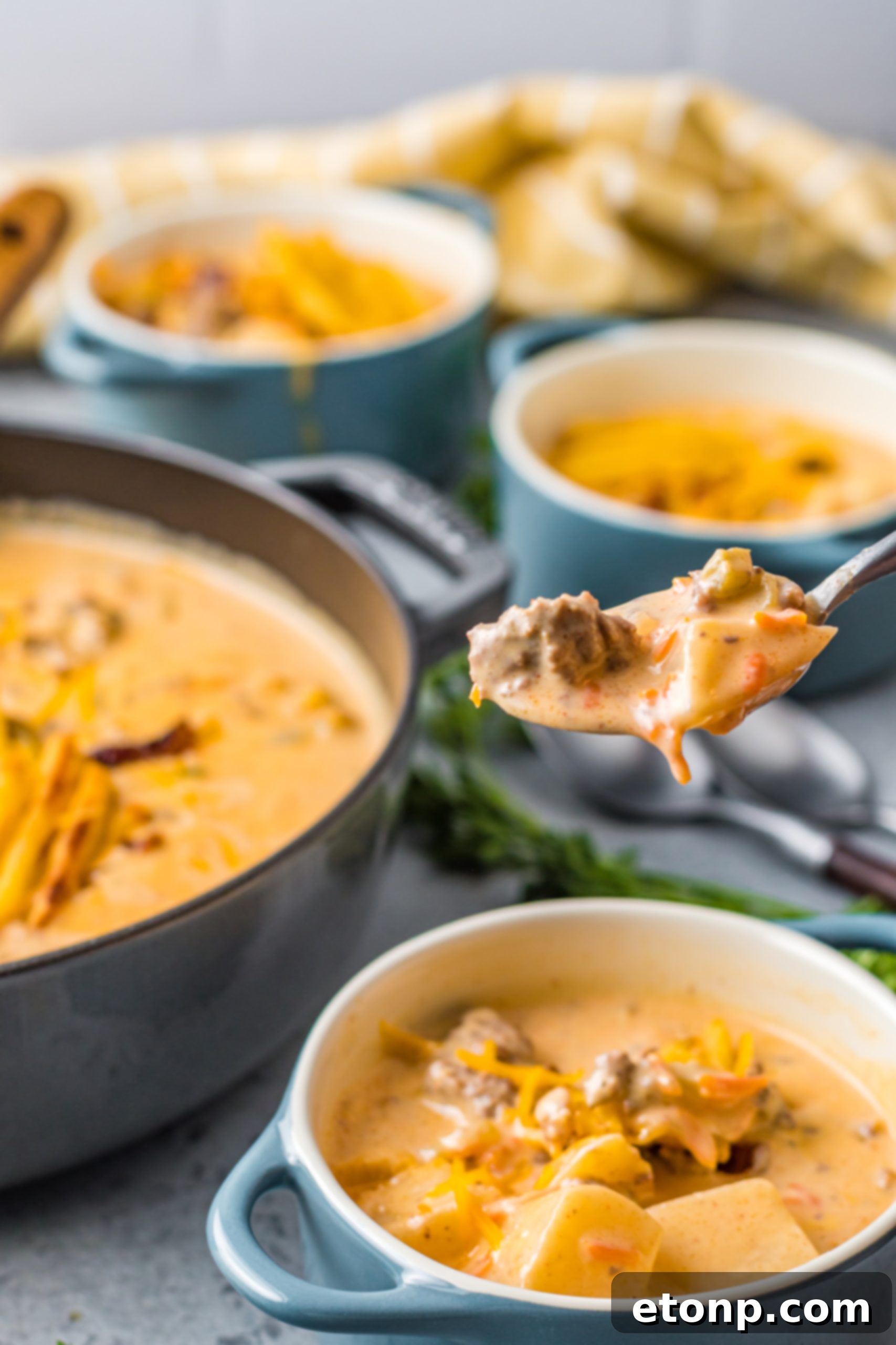 Ingredients for slow cooker cheeseburger soup laid out on a table, including ground beef, Velveeta, vegetables, and seasonings.