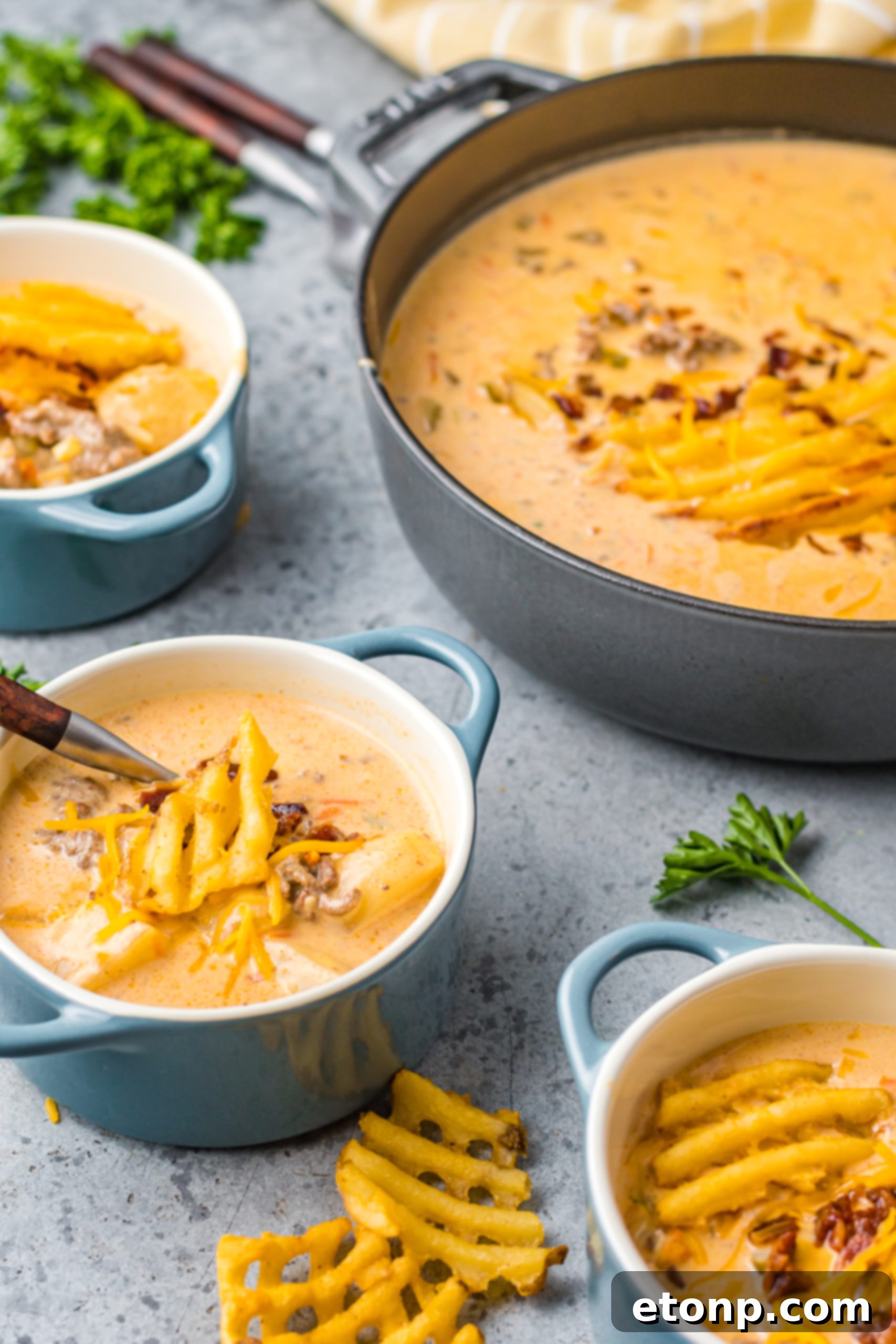 Serving of slow cooker cheeseburger soup in a bowl with toppings, next to a side of waffle fries and garlic bread.