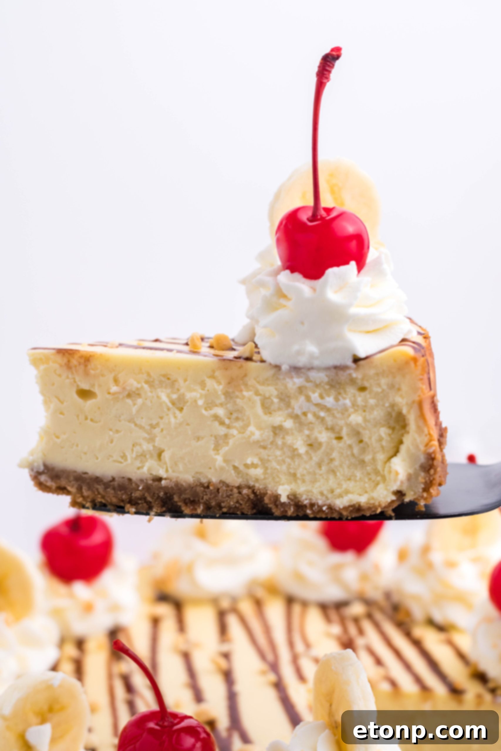 A close-up of the delicious toppings for the Banana Split Cheesecake, including whipped cream, chocolate syrup, banana slices, and a bright red maraschino cherry, arranged perfectly on a slice.