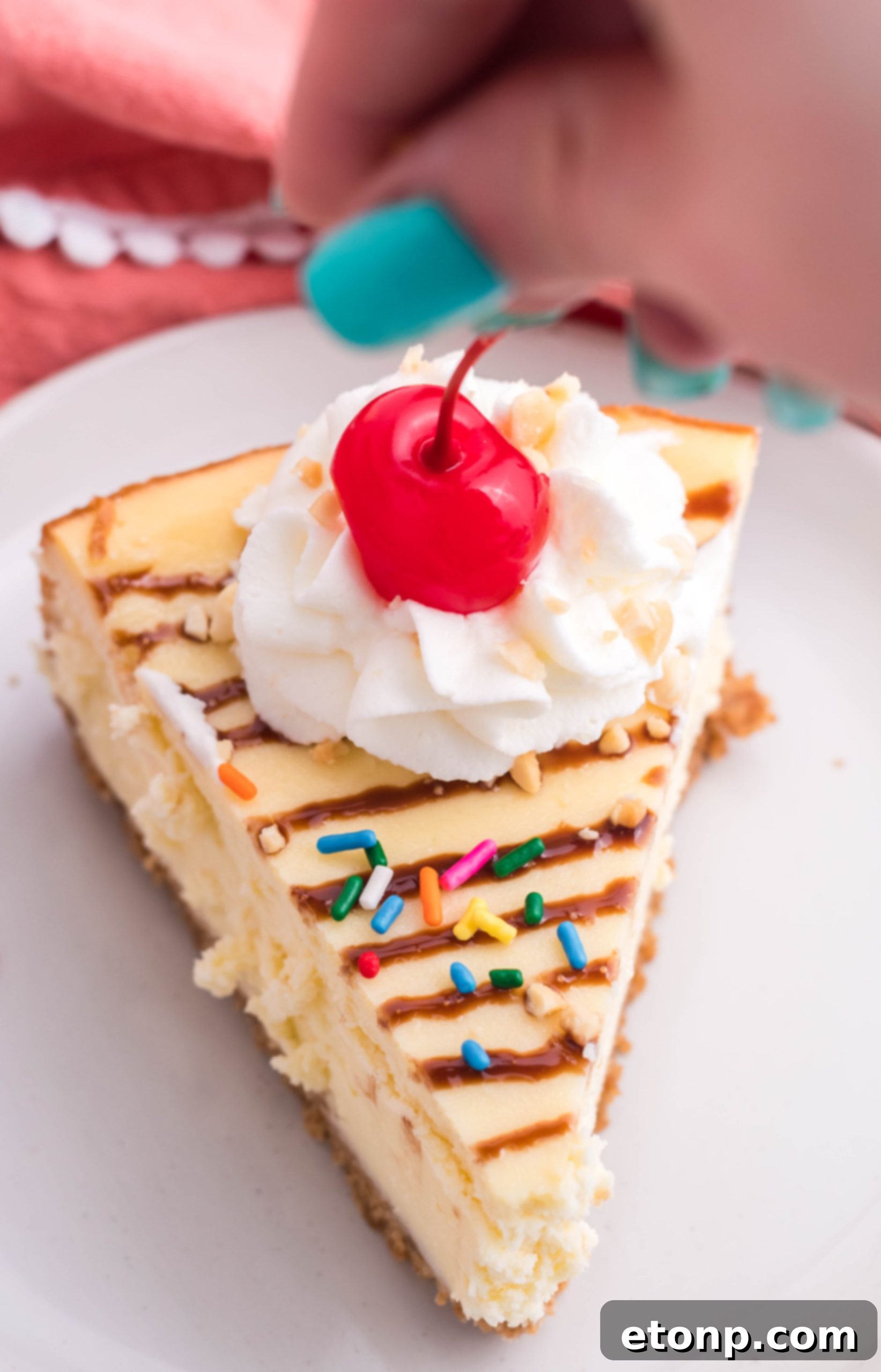 An overhead shot of the Banana Split Cheesecake with all its festive toppings, presenting a colorful and enticing dessert ready for sharing.