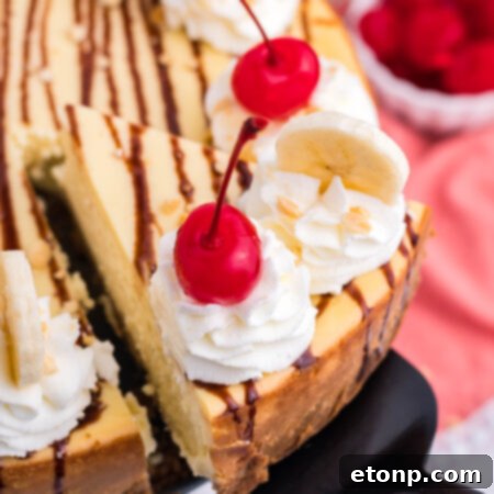 A perfectly baked and decorated Banana Split Cheesecake slice.