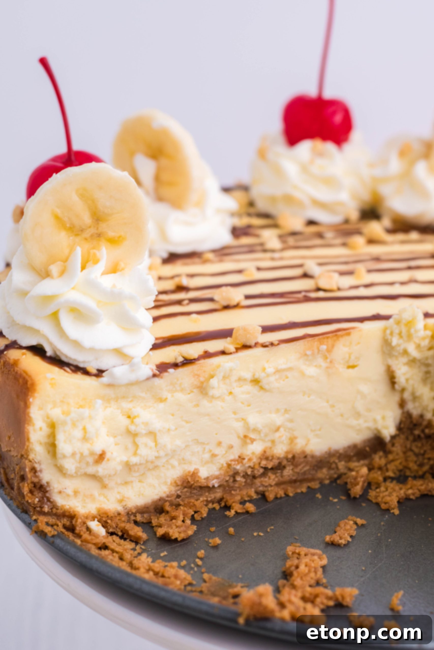 Top-down view of an assembled Banana Split Cheesecake, featuring a smooth, pale yellow banana cheesecake base topped with a swirl of whipped cream, chocolate drizzle, maraschino cherries, and banana slices.
