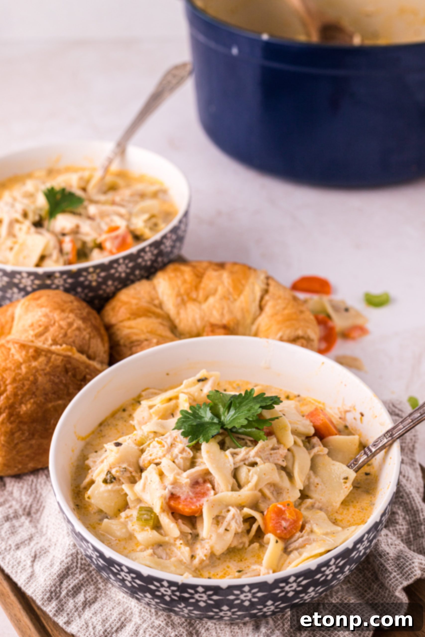 A close-up of the rich, creamy texture of the soup, showing the noodles and chicken within the luscious broth.