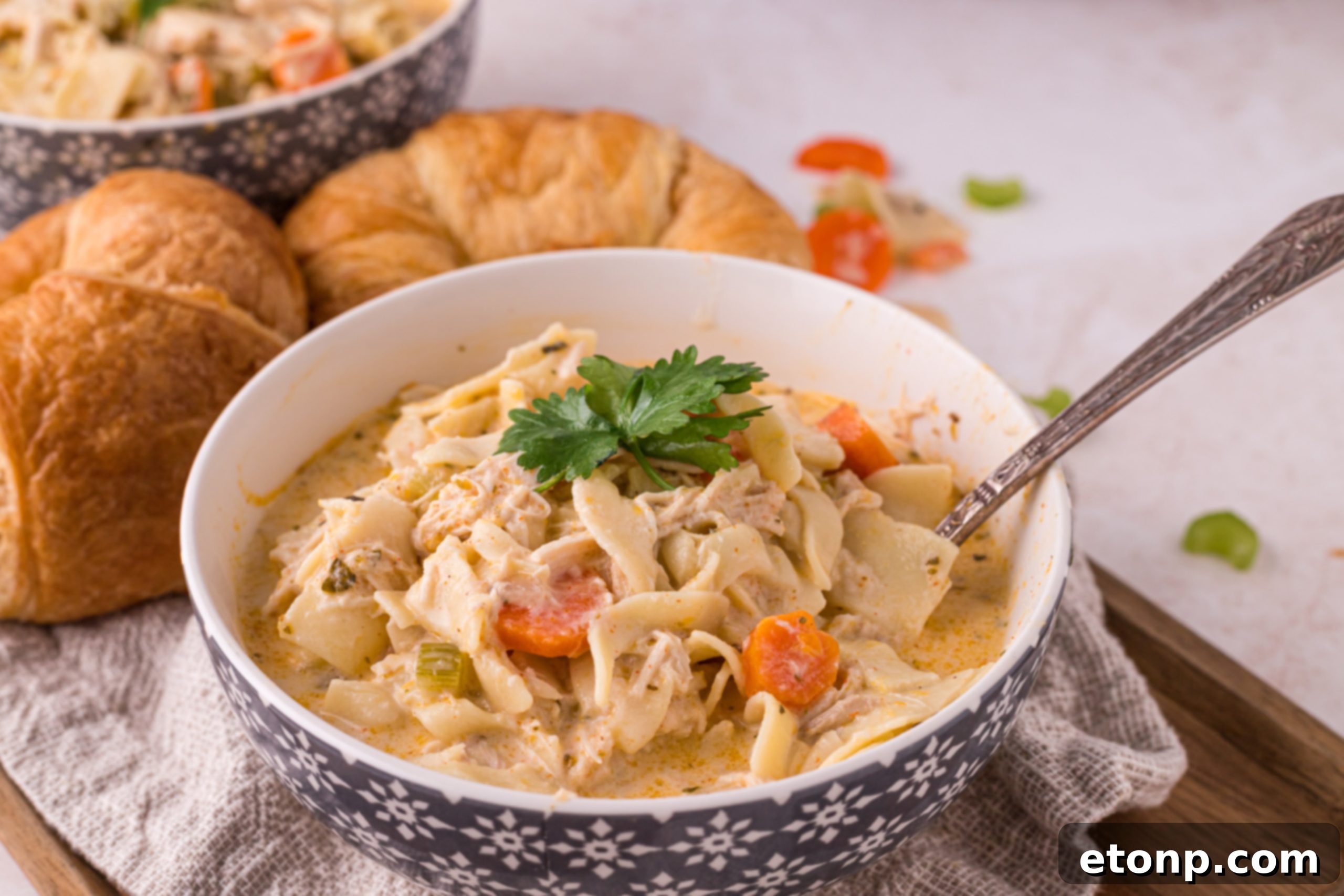 Shredded cooked chicken breast, ready to be added to the creamy soup.