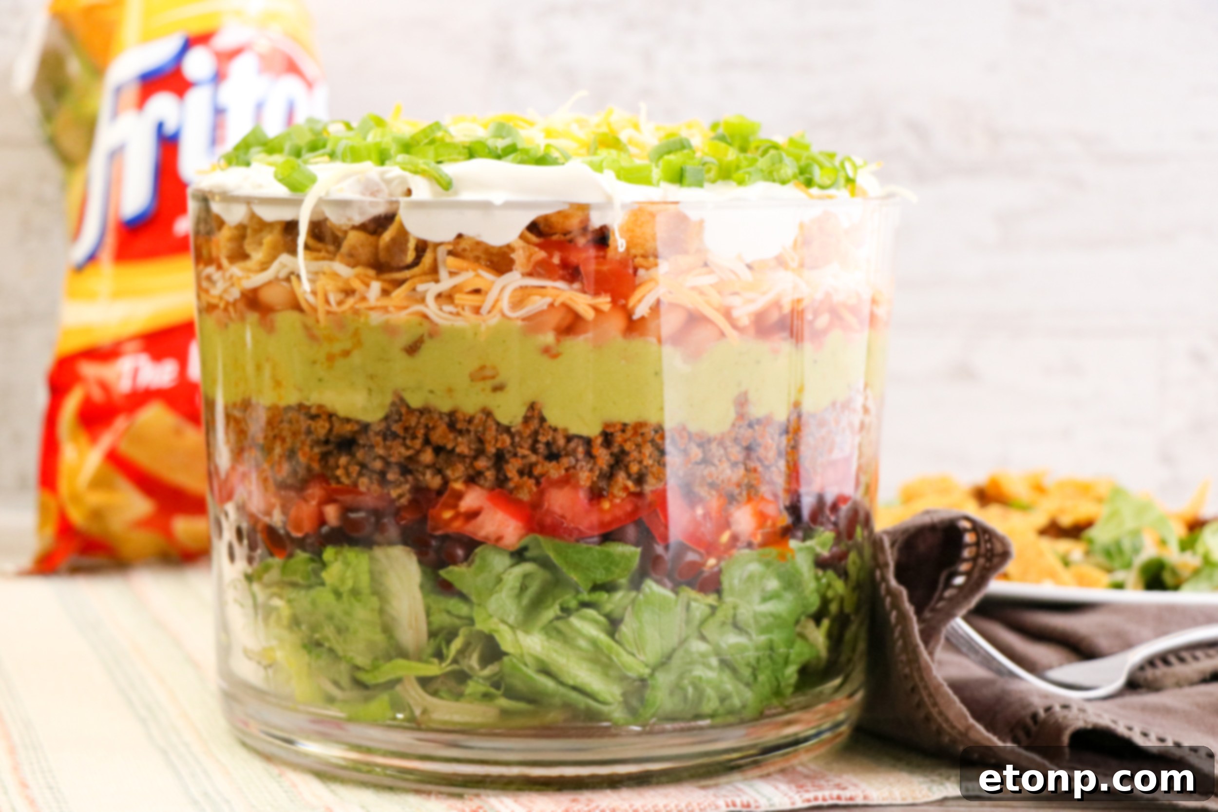 Close-up of layered Taco Salad Trifle