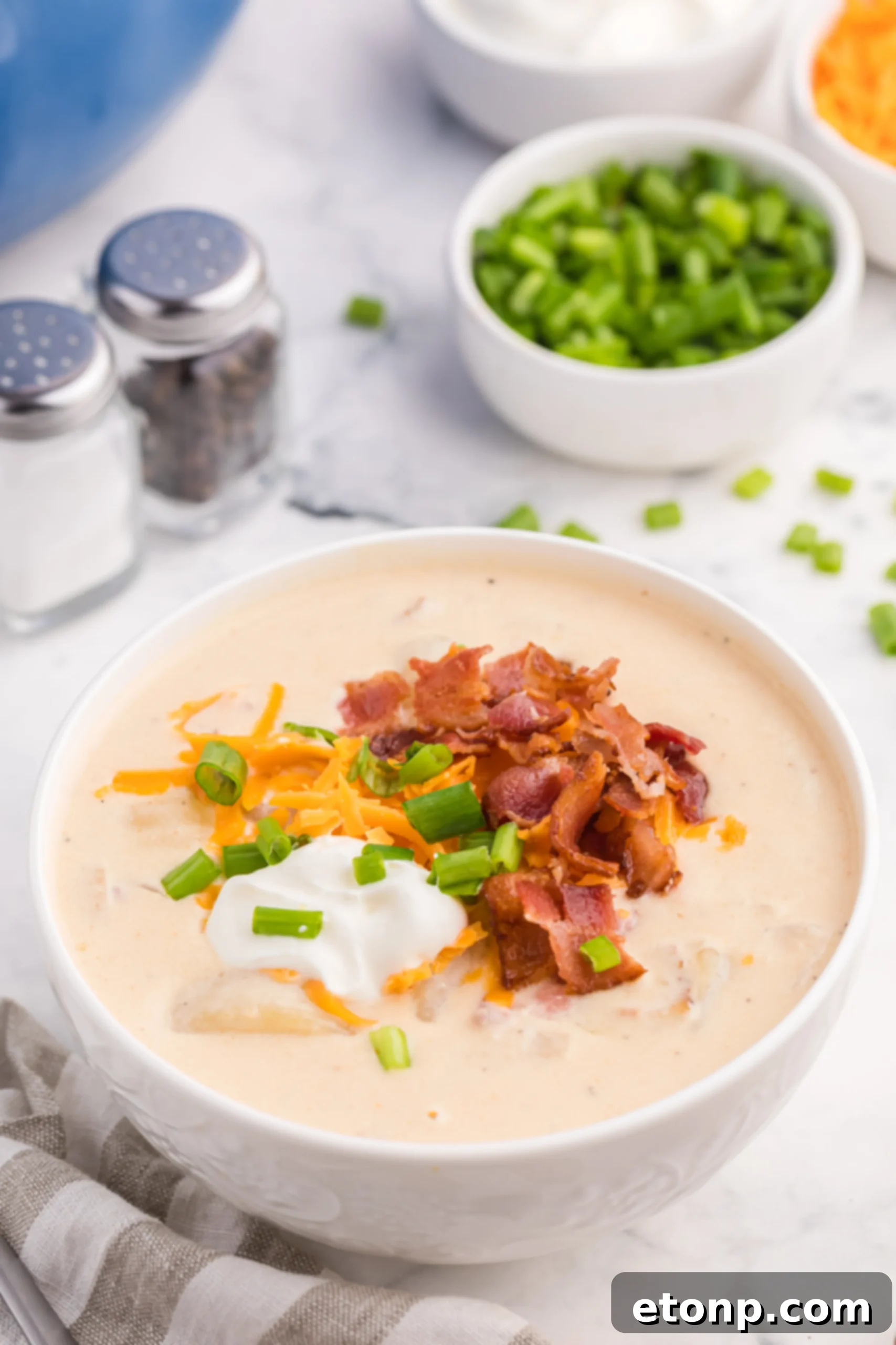 Loaded Baked Potato Soup with toppings