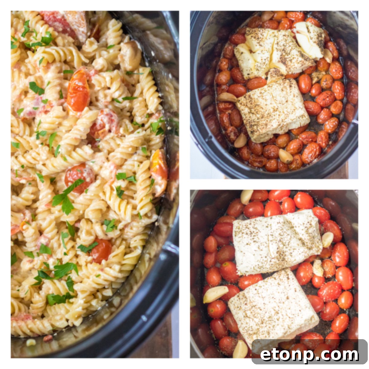 Ingredients for Slow Cooker Tomato Feta Pasta in the slow cooker