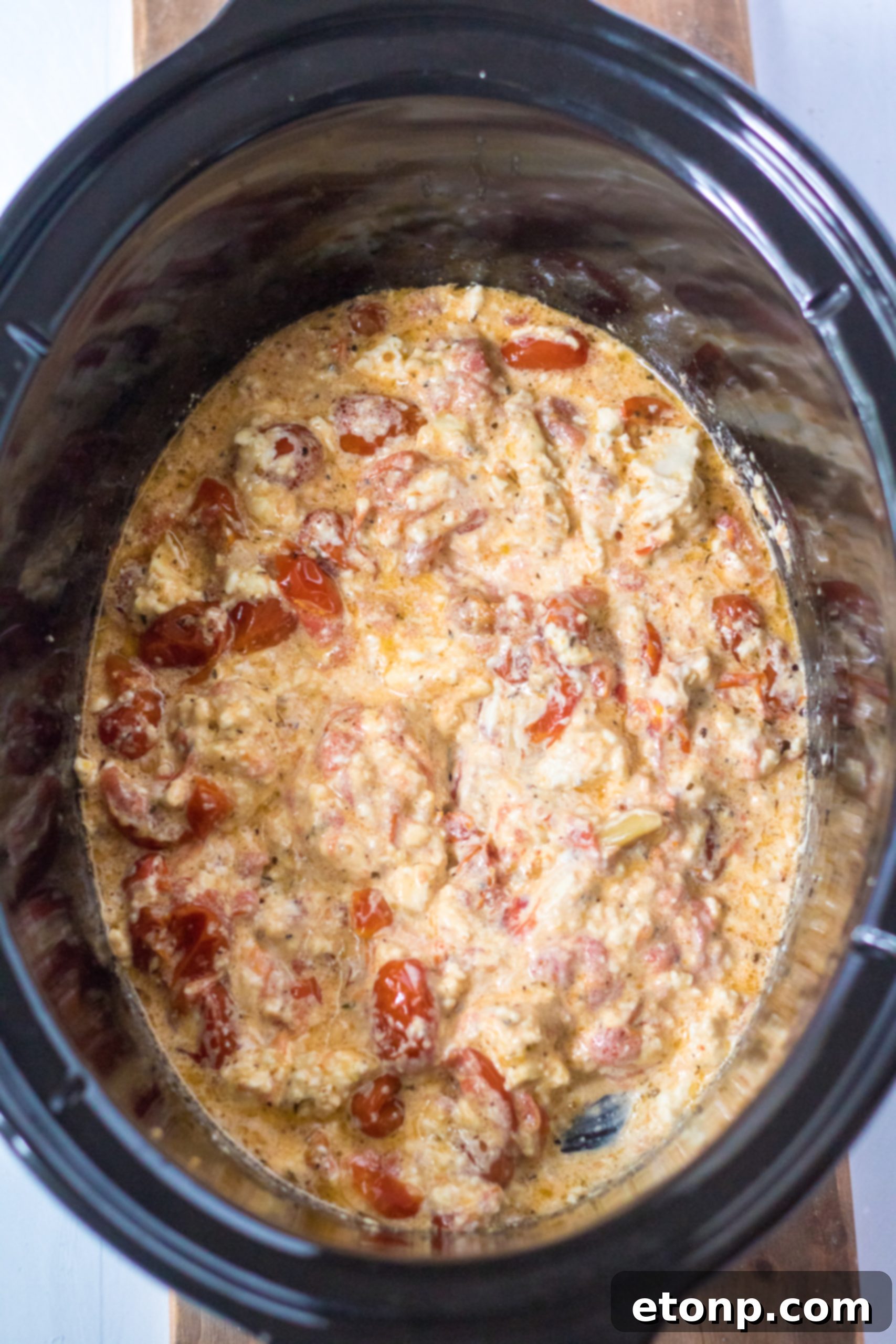 Close up of a bowl of Slow Cooker Tomato Feta Pasta