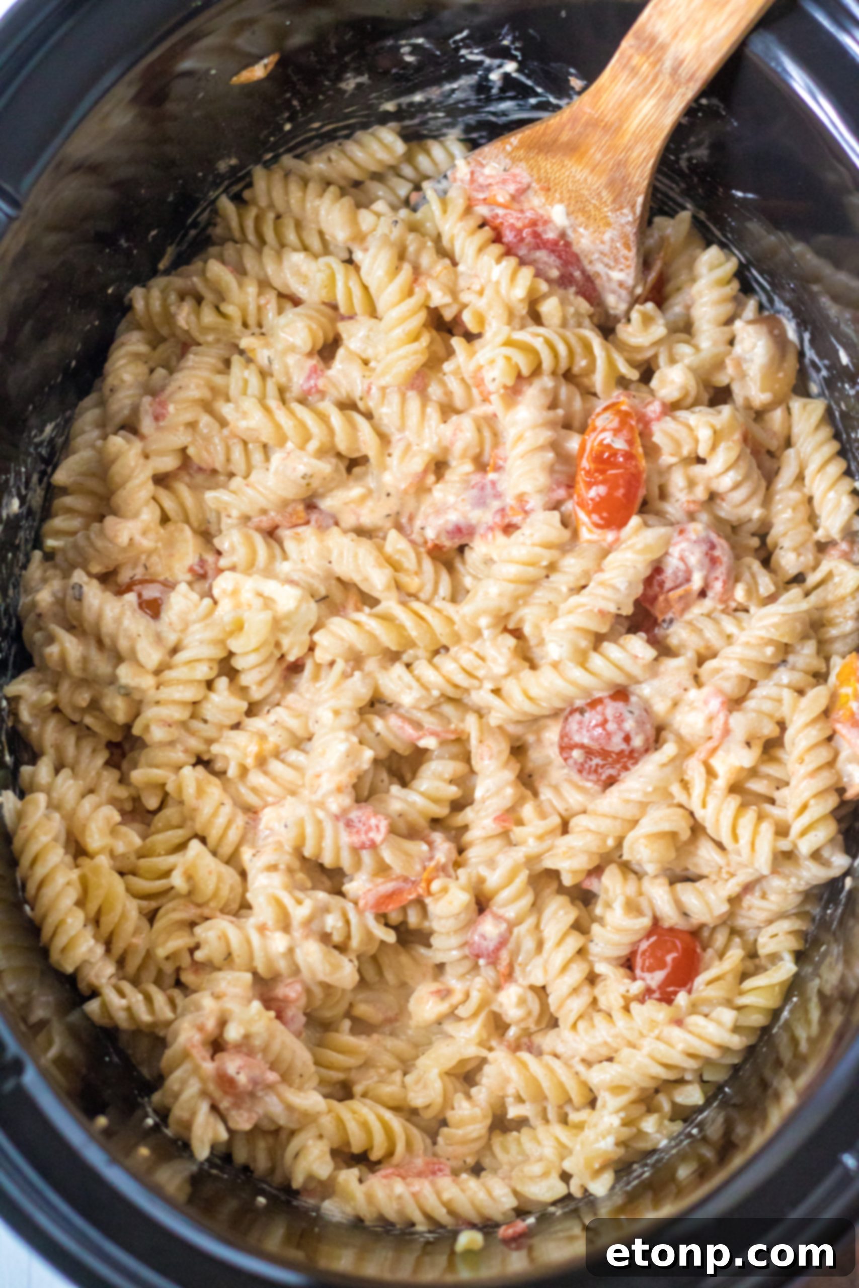 Full slow cooker of Feta Tomato Pasta