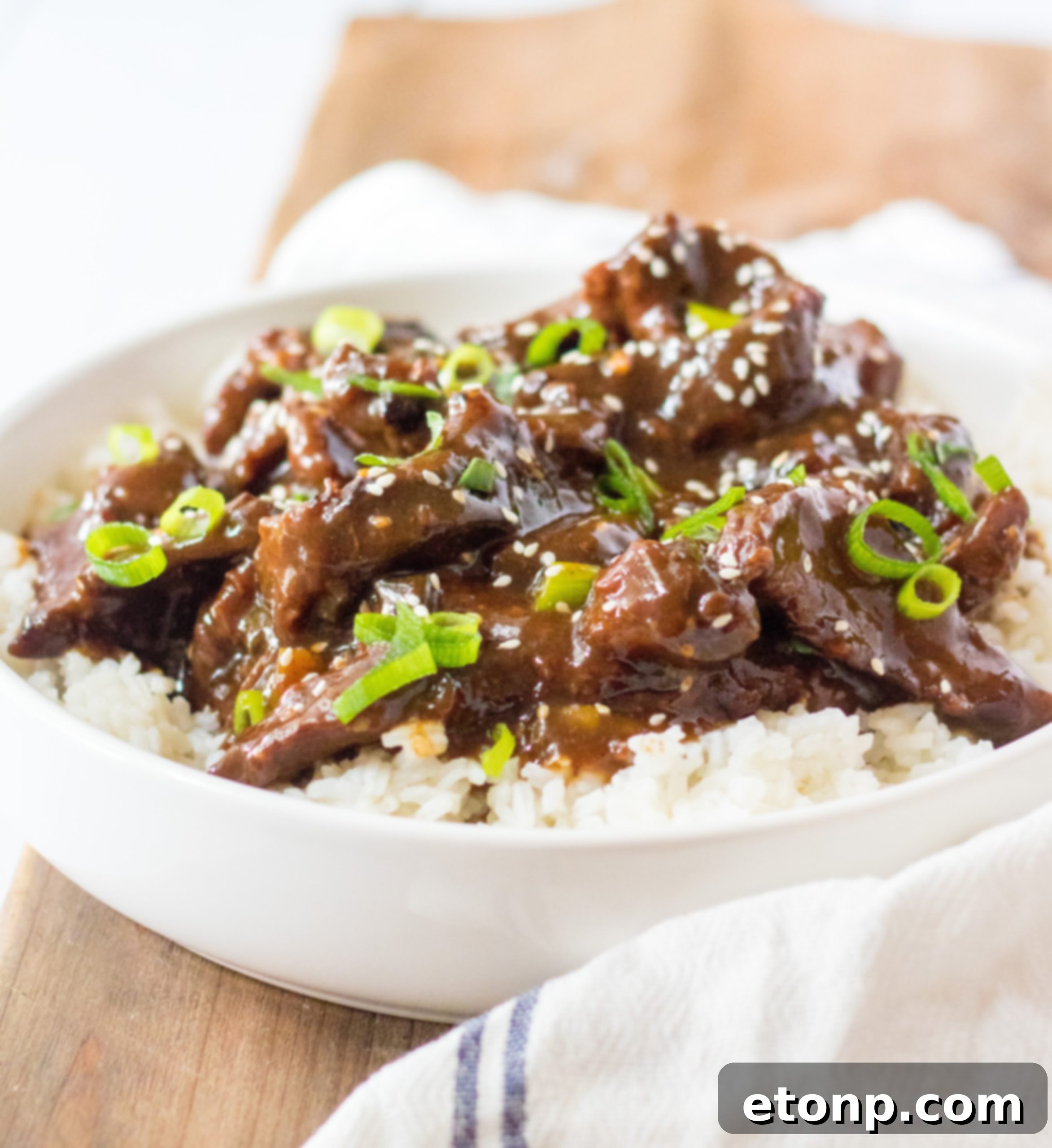 Slow Cooker Mongolian Beef with rice and green onions