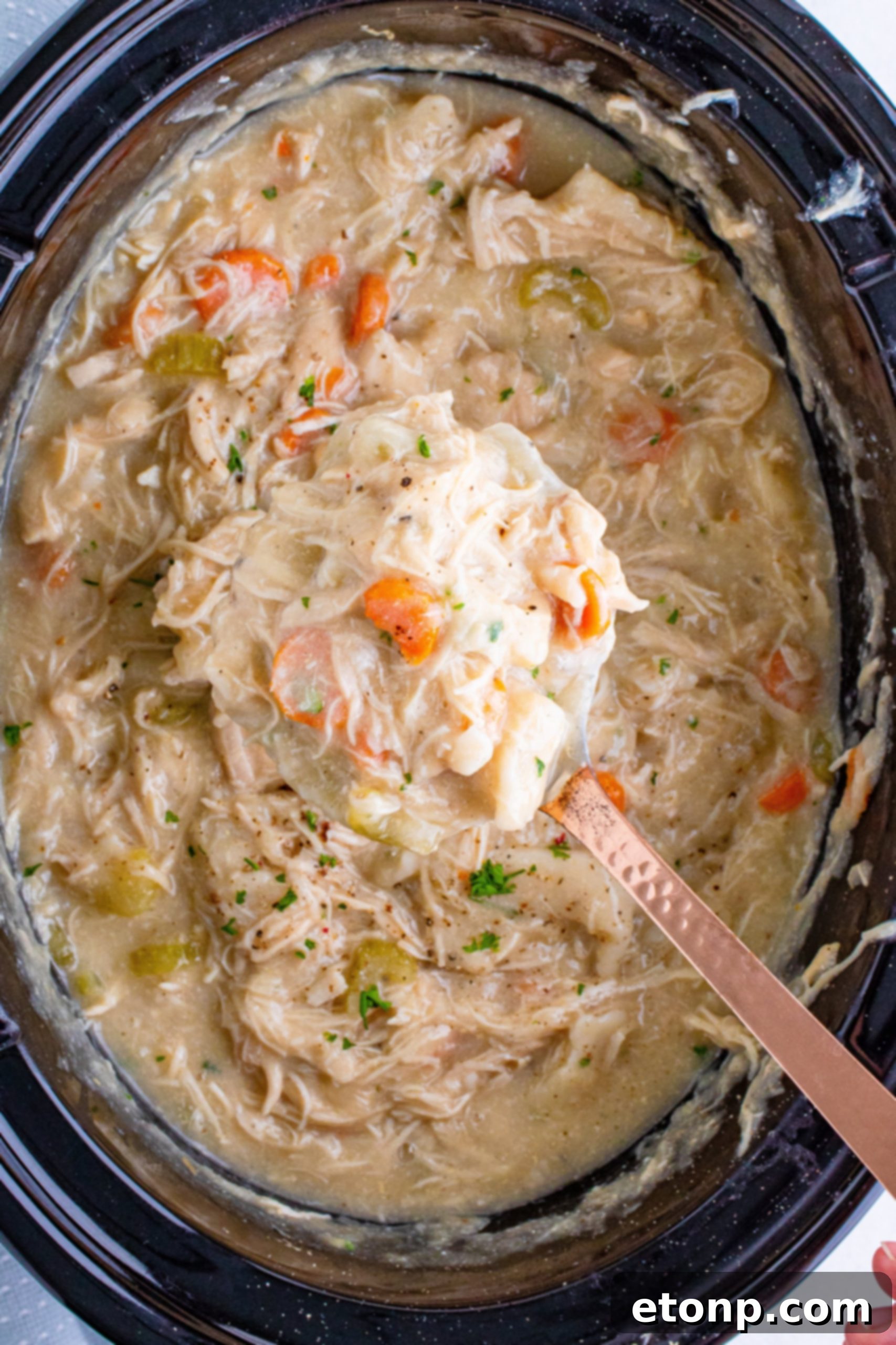 A large bowl of creamy Slow Cooker Chicken and Dumplings, garnished with fresh herbs, ready to be served.