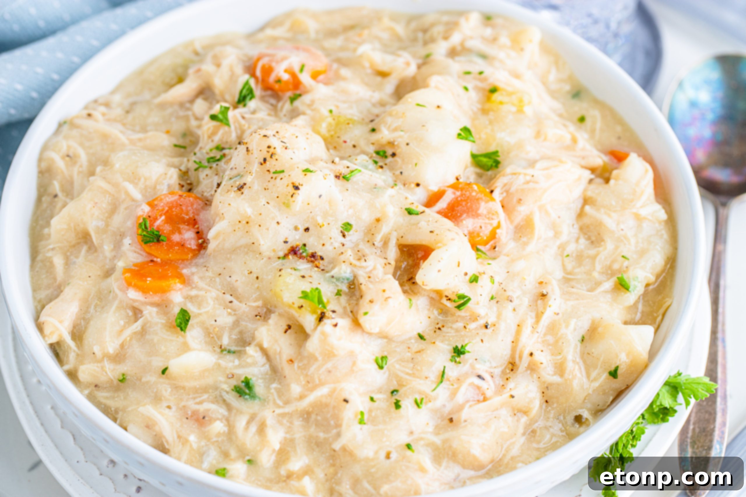 A bountiful slow cooker full of chicken and dumplings, suggesting a hearty meal prepared for many people.
