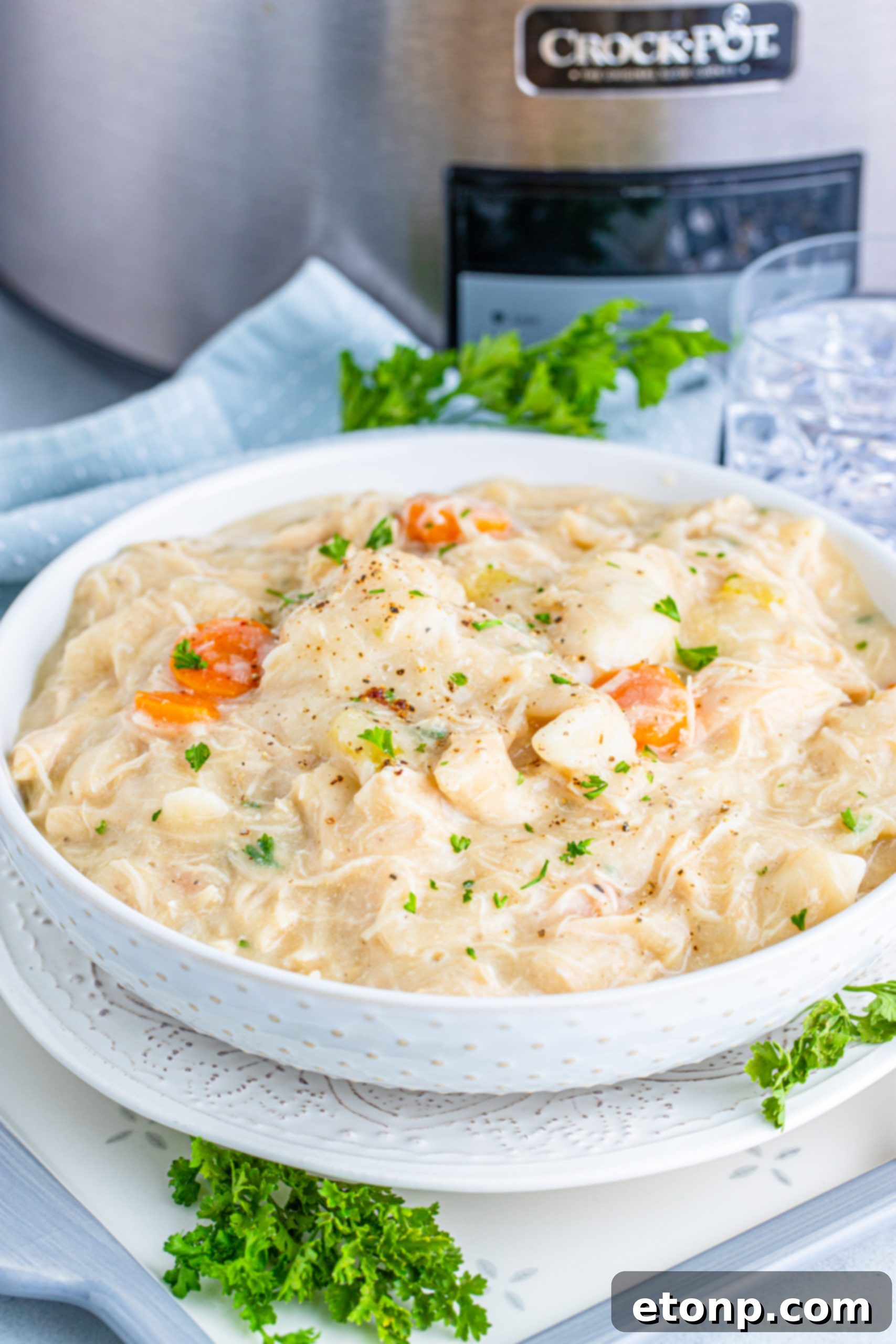 Assortment of fresh ingredients for Slow Cooker Chicken and Dumplings, including chicken, chopped vegetables, and a carton of chicken stock.