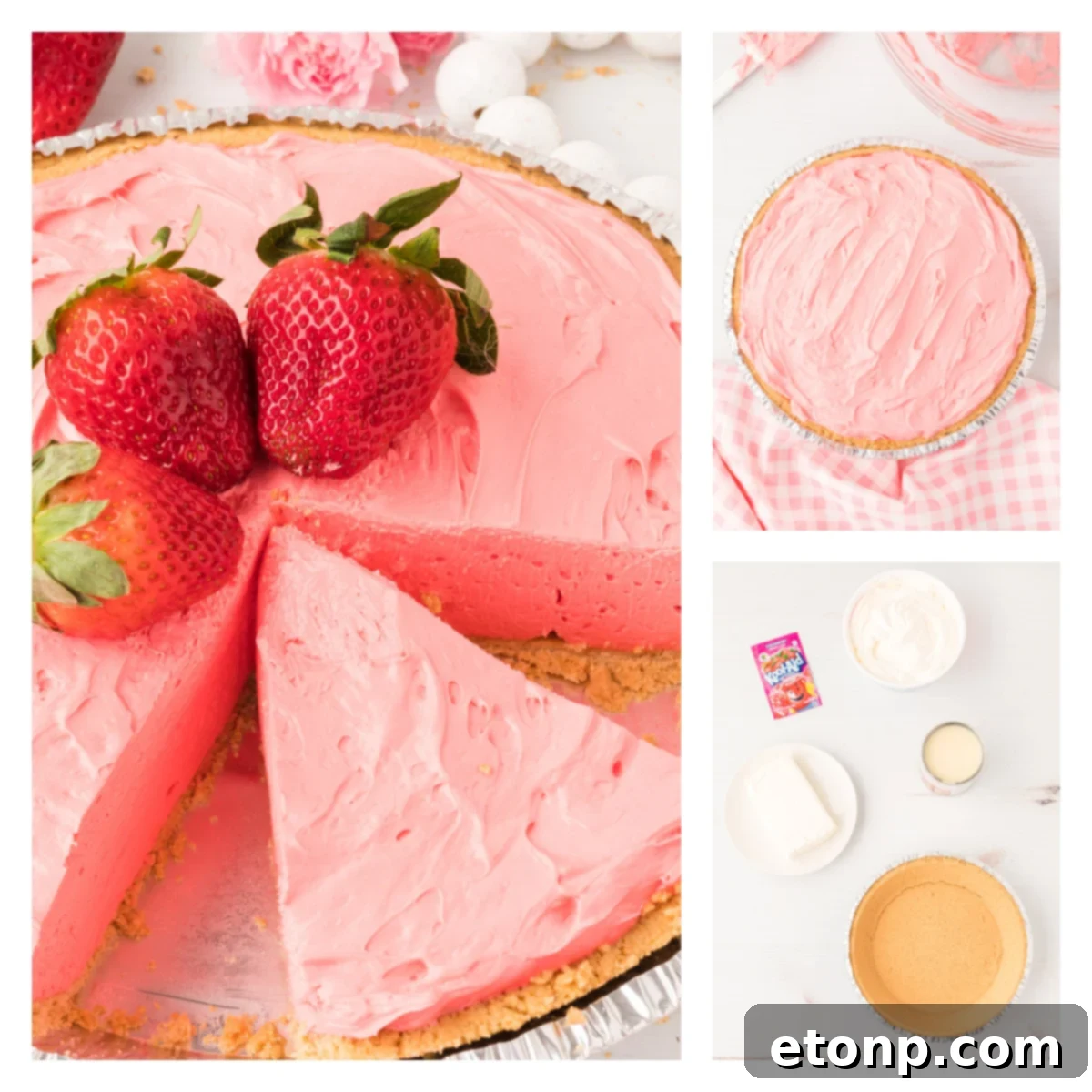Close-up of a beautifully set no-bake Strawberry Kool-Aid pie, showing its smooth, creamy texture and a perfectly crimped graham cracker crust.