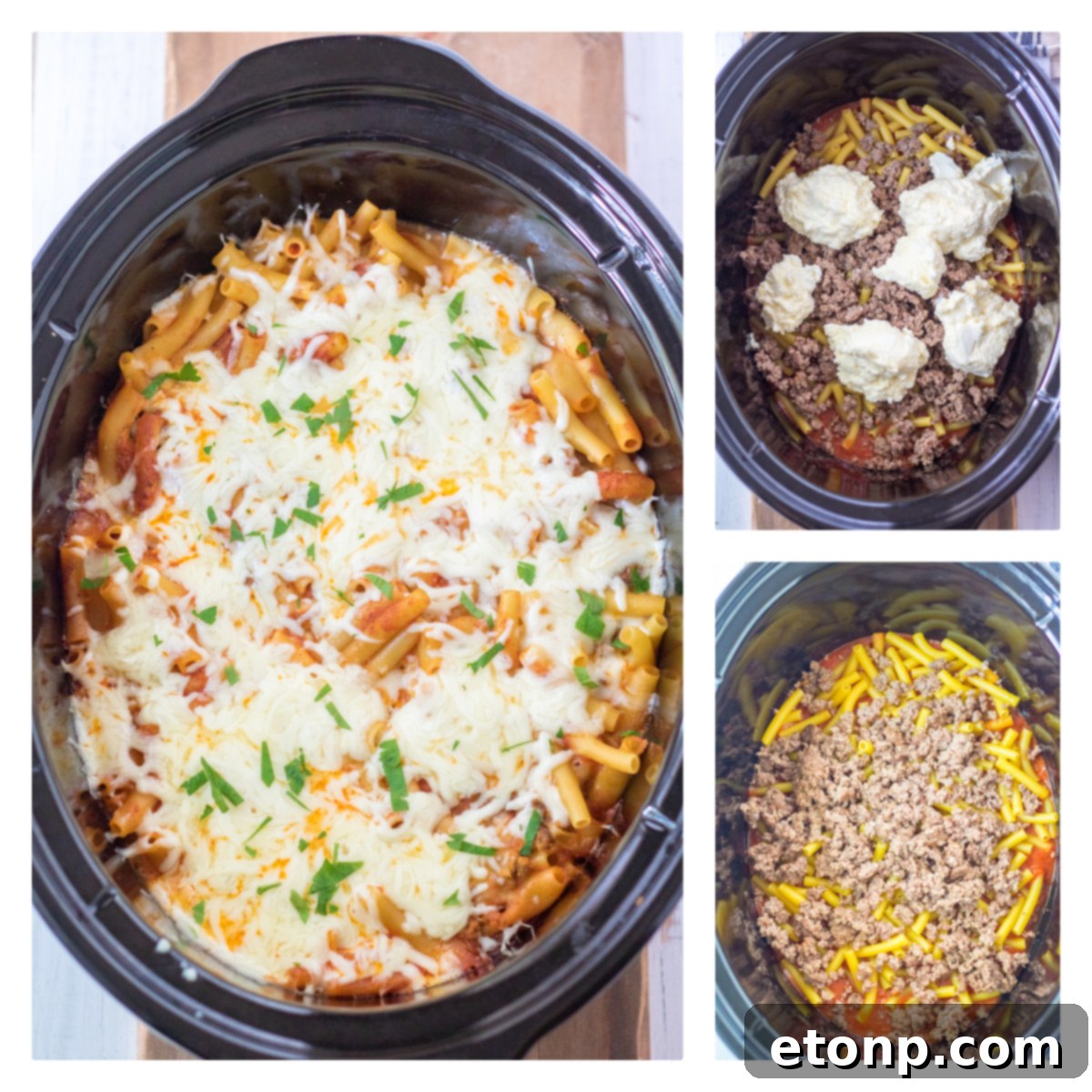 A bowl of Slow Cooker Cheesy Baked Ziti, steaming hot and ready to eat, showing layers of pasta, meat, and cheese.