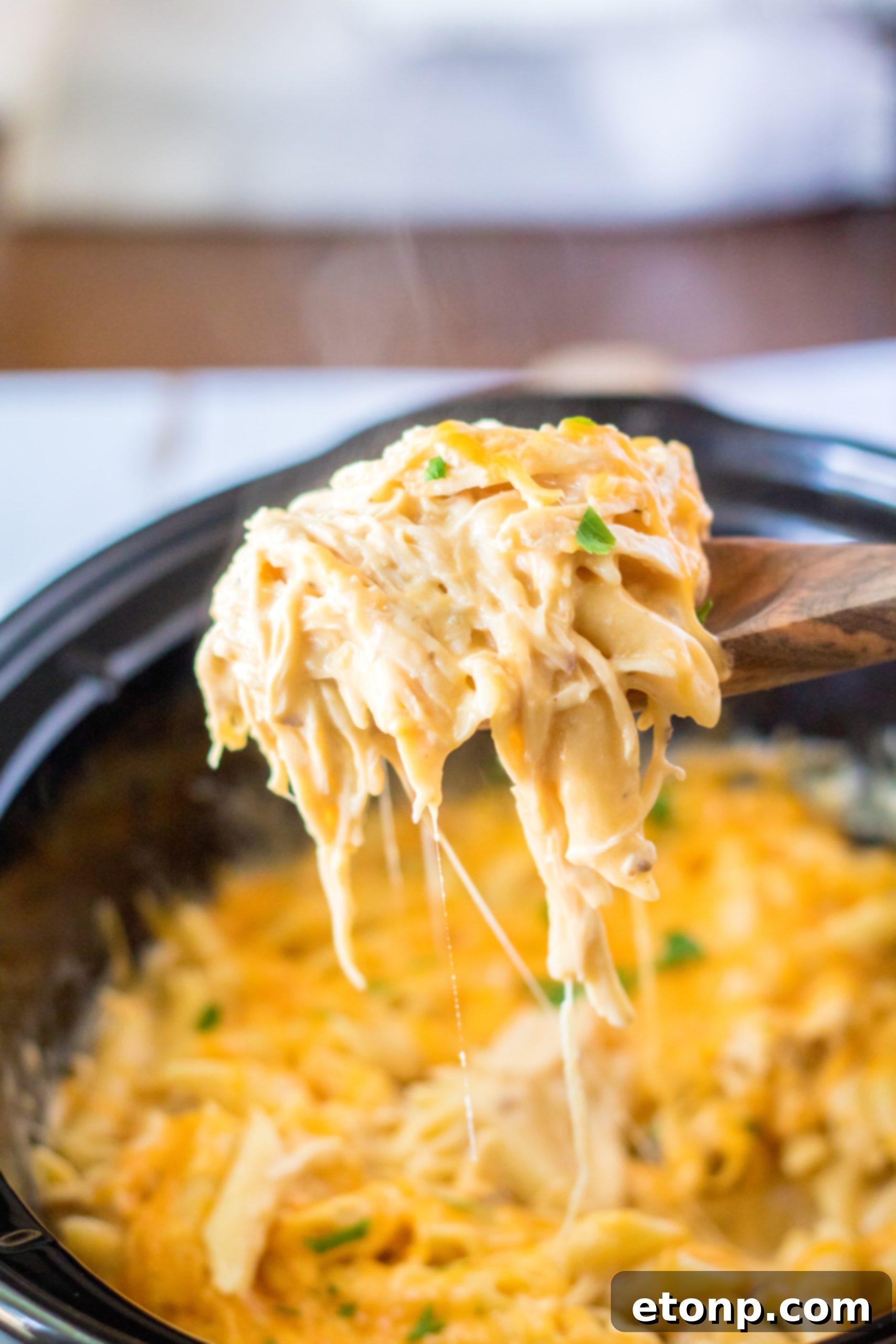 Effortless Slow Cooker Cheesy Chicken Penne 15 A final serving of Slow Cooker Cheesy Chicken Penne, garnished with herbs and ready for the table