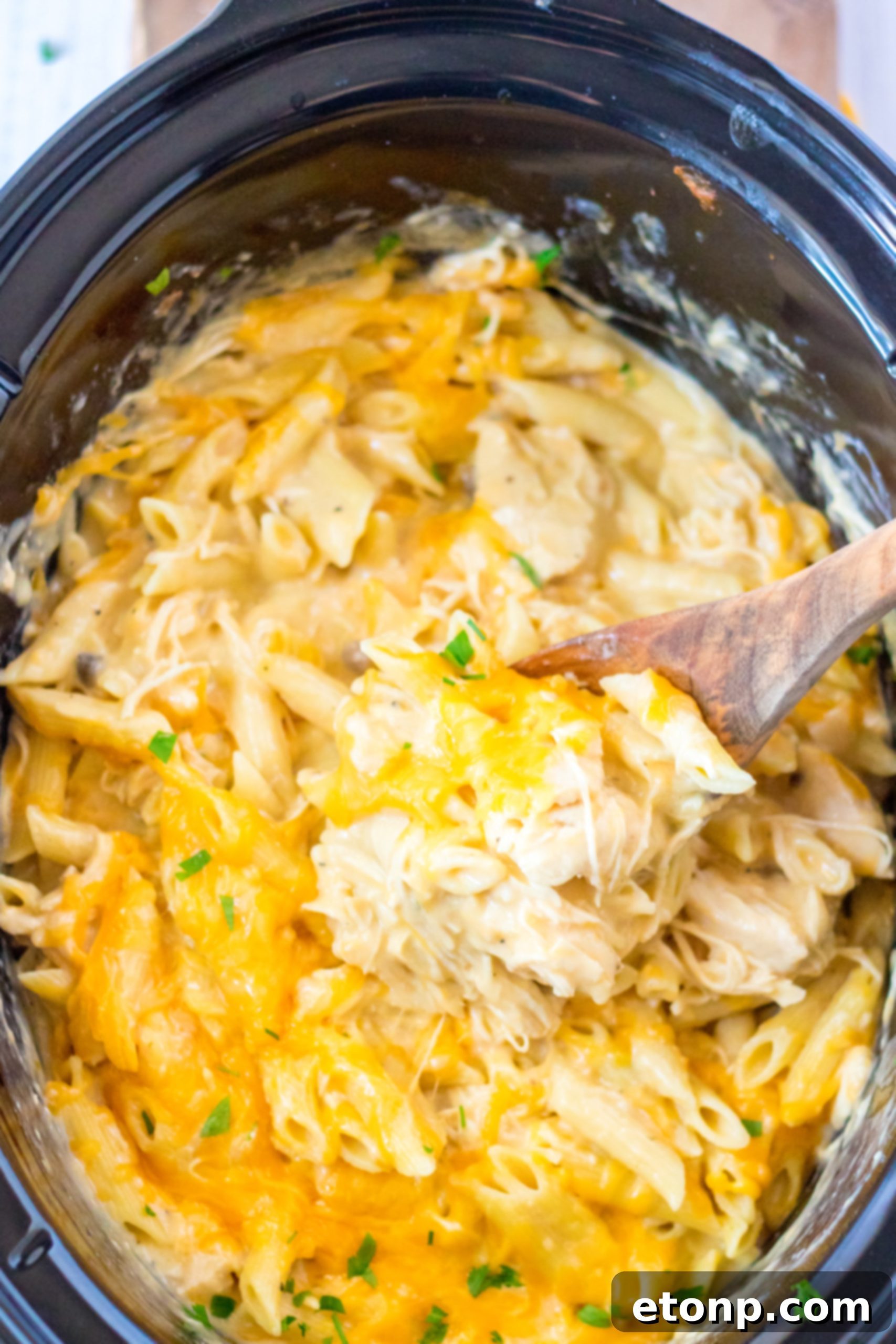 Effortless Slow Cooker Cheesy Chicken Penne 6 Ingredients for Slow Cooker Cheesy Chicken Penne laid out on a kitchen counter