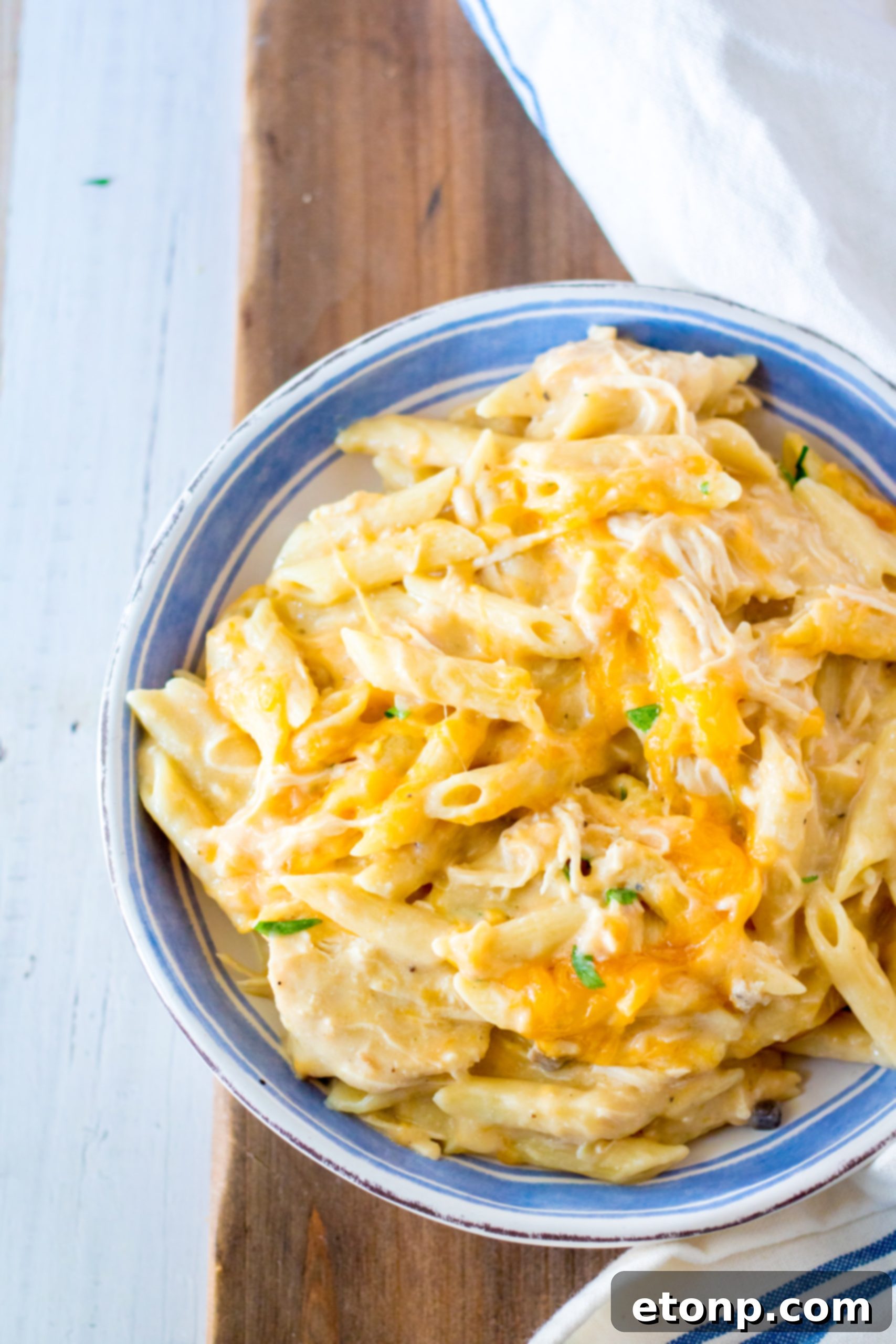 Cooked penne pasta, ready to be mixed into the slow cooker chicken sauce