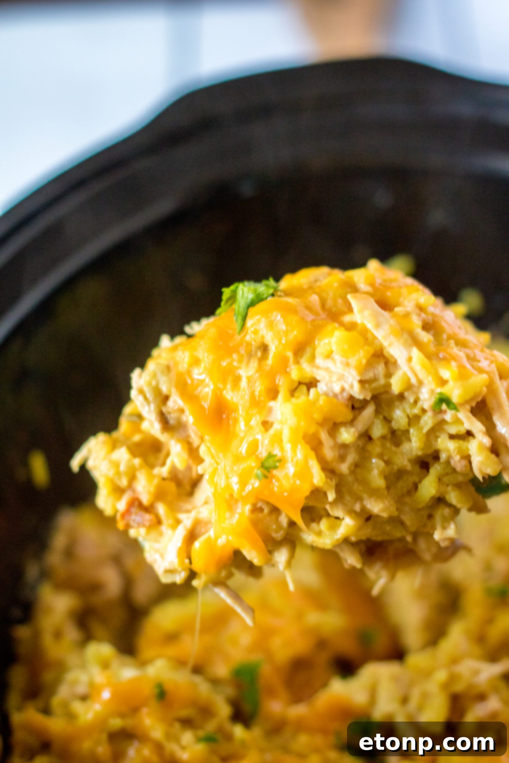 A bowl of Slow Cooker Cheesy Chicken and Rice with a spoon, ready to eat.