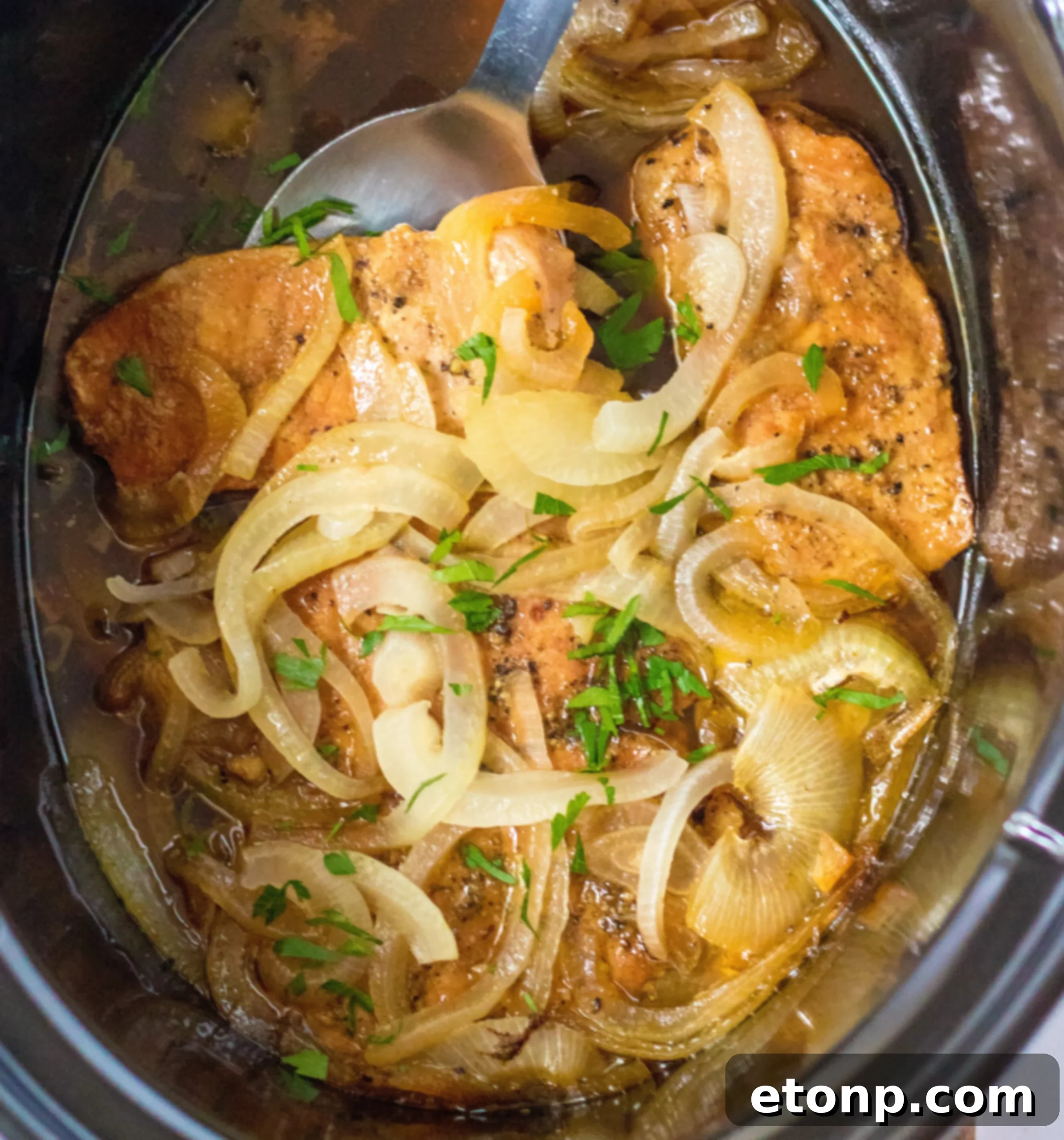 Tender Slow Cooker Pork Chops with Sweet Onions 2 Slow Cooker Pork Chops and Onions served over rice