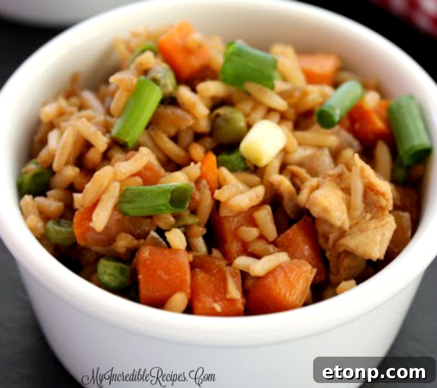 A close-up of the delicious textures and colors of homemade fried rice.