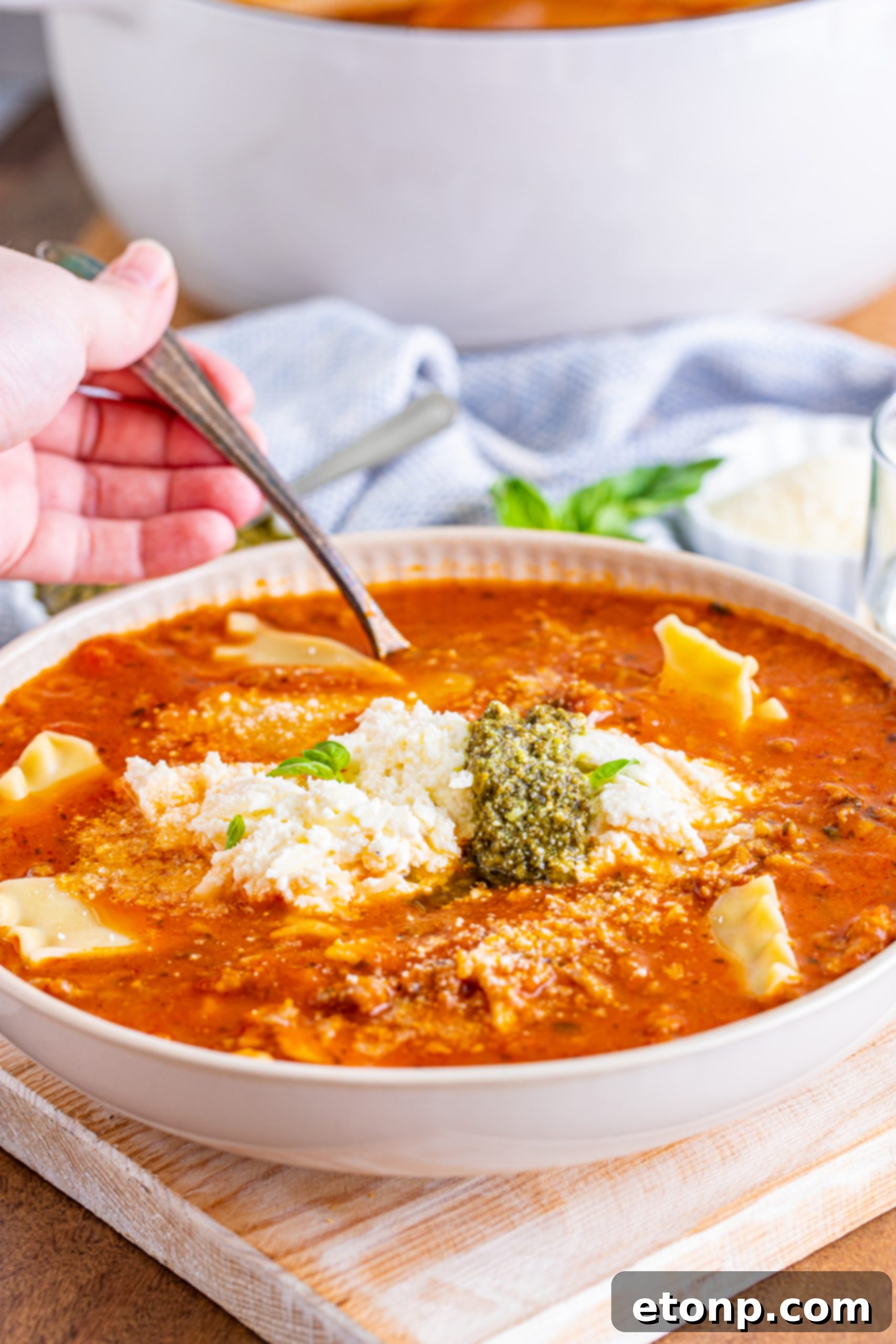 Lasagna Soup cooling down, ready for storage.
