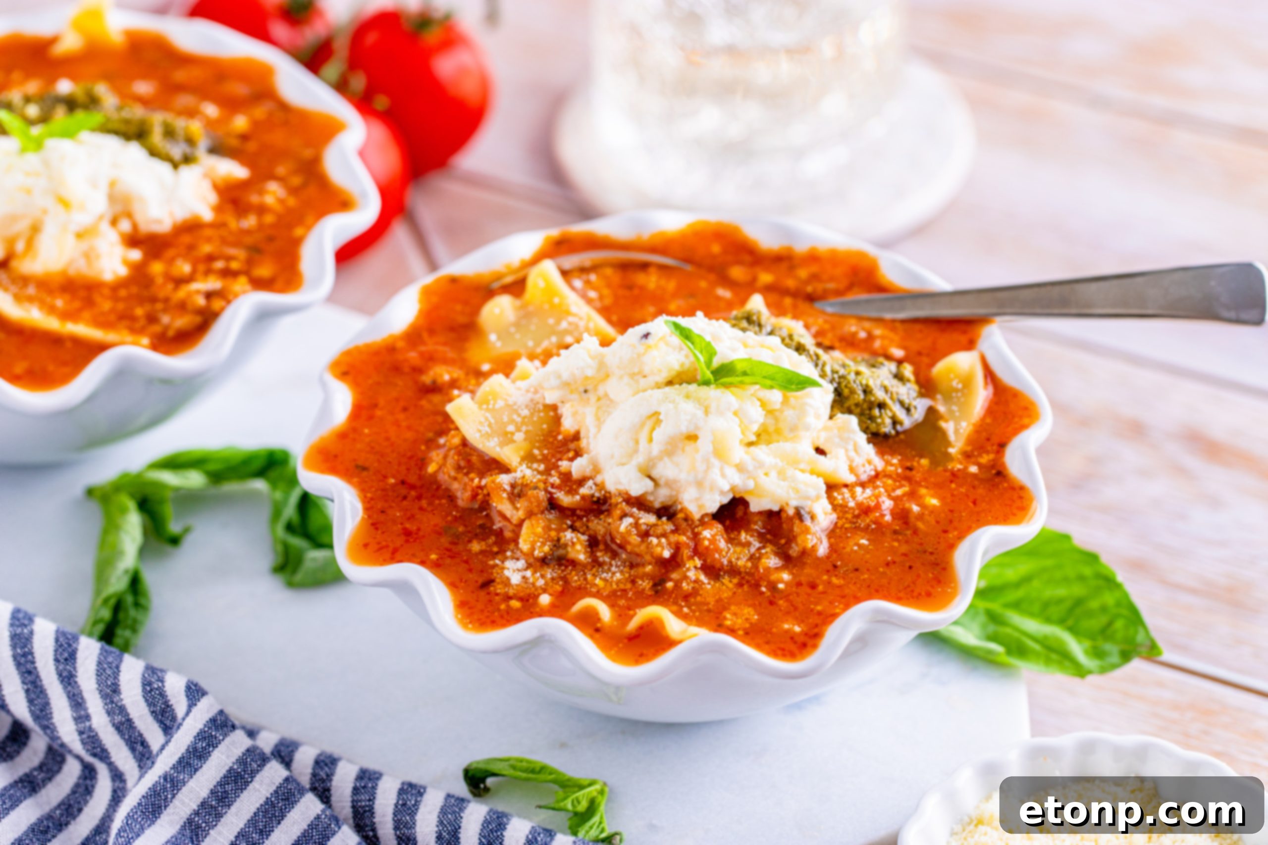 A beautifully plated bowl of Lasagna Soup, ready to be served.