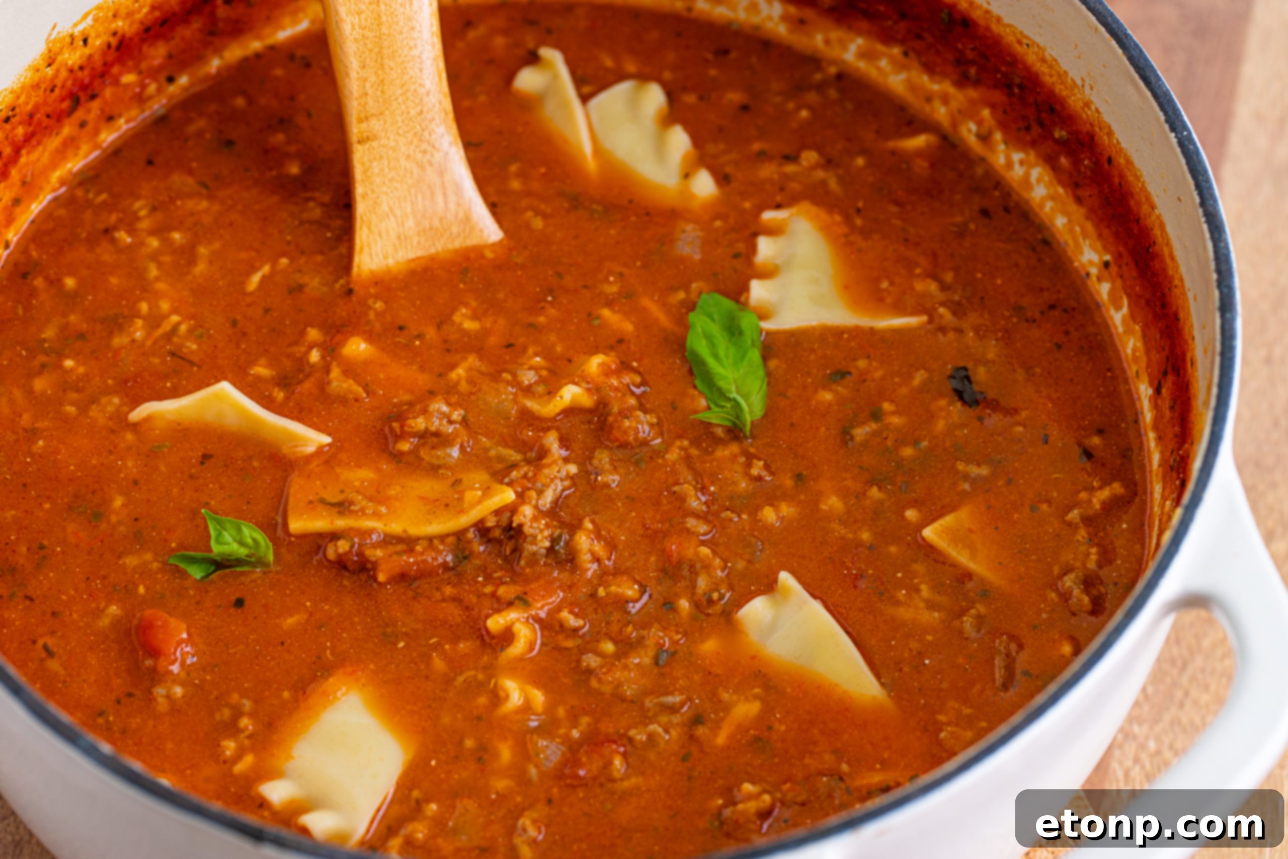 Close-up of Lasagna Soup, showcasing the cheesy topping and rich broth.