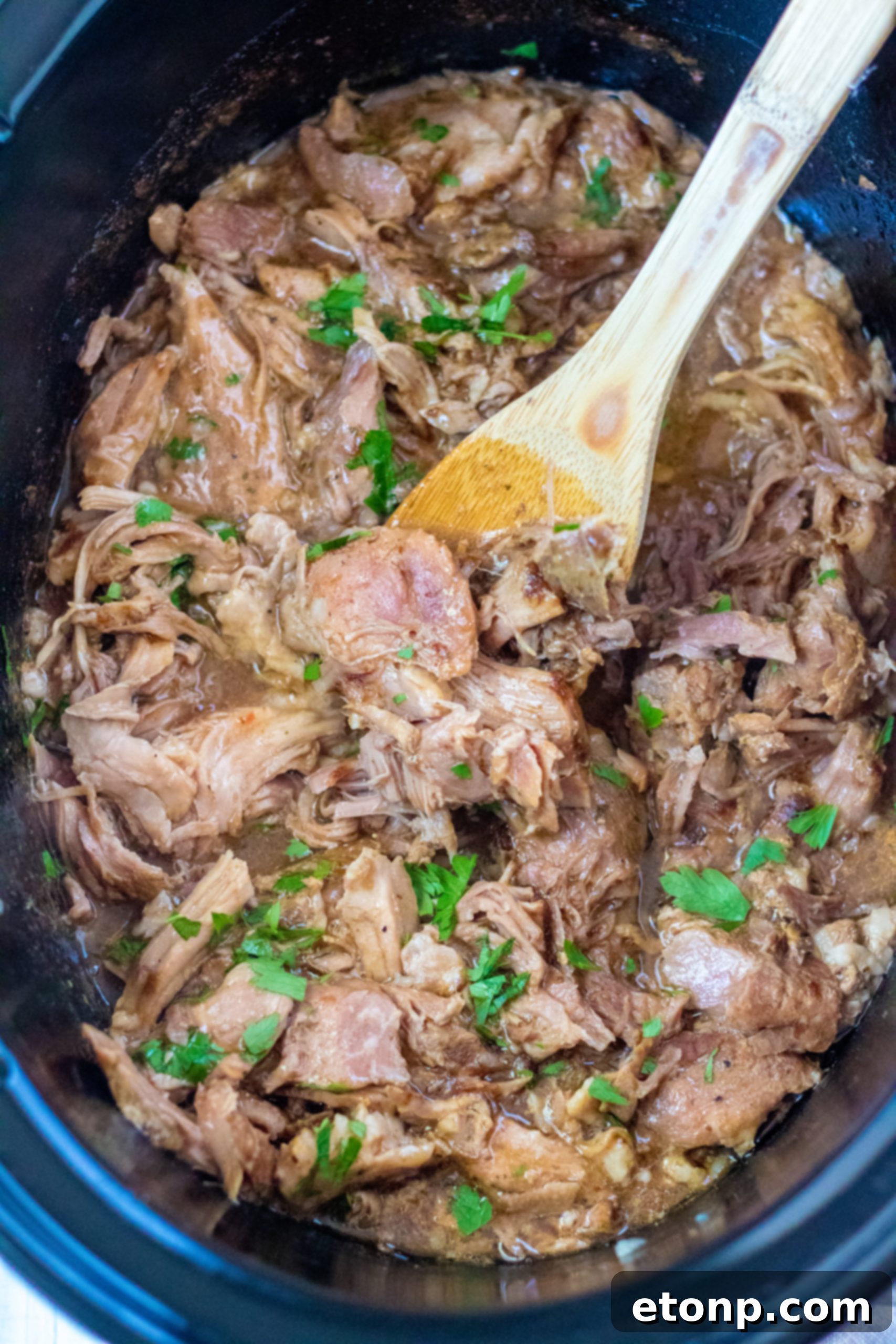 Stored leftover slow cooker 3 packet pork roast in an airtight container