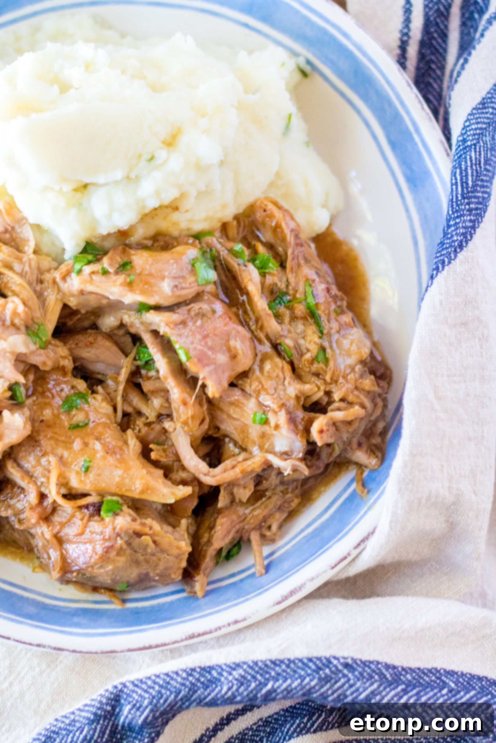 Tender shredded slow cooker 3 packet pork roast served with gravy
