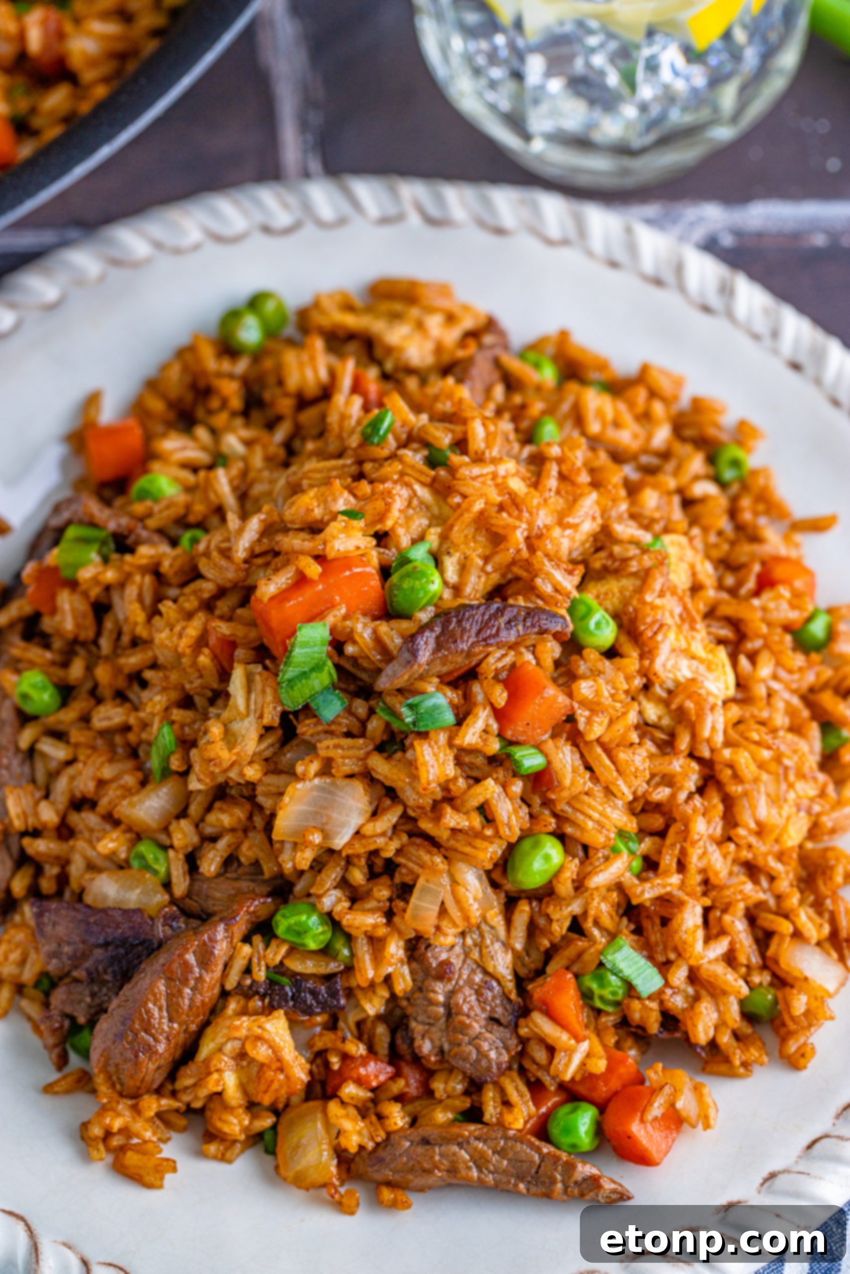 Close-up of freshly made Beef Fried Rice in a pan