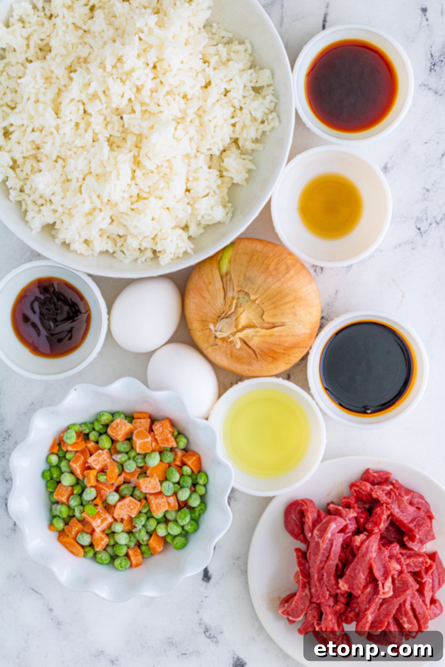 Overhead shot of Beef Fried Rice with chopsticks