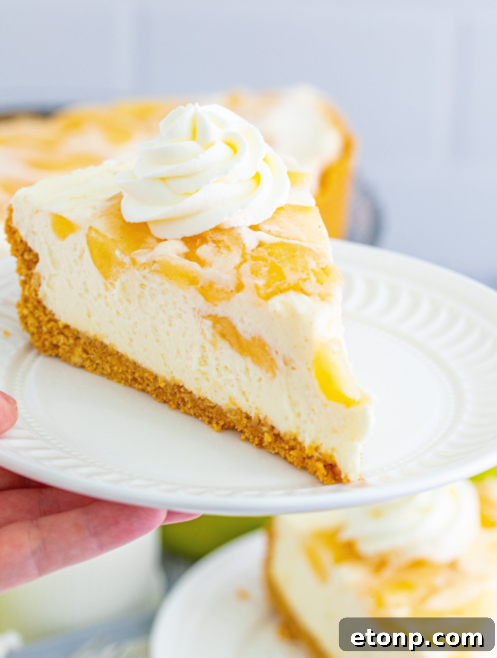 Close-up of a spoonful of No Bake Apple Cheesecake, showing the creamy texture and apple chunks.