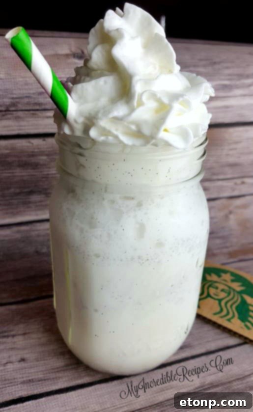 Close-up of a homemade Vanilla Bean Frappuccino with whipped cream
