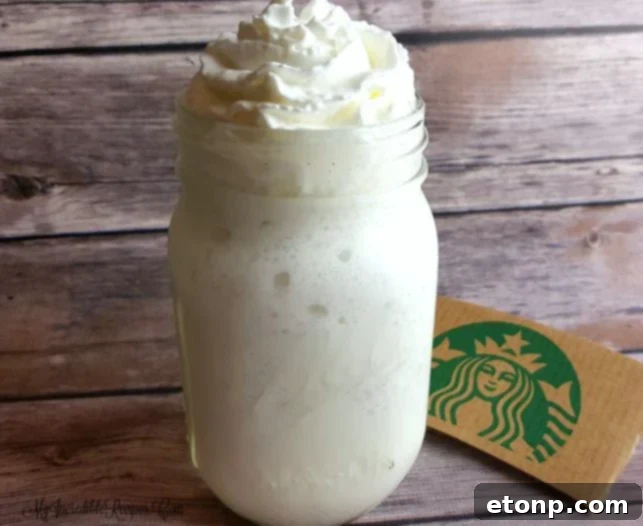 Freshly blended Vanilla Bean Frappuccino in a glass