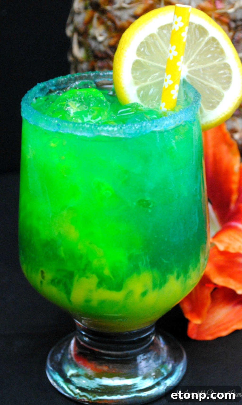 Lava Cocktail with blue base and orange top, showing the 'lava' effect