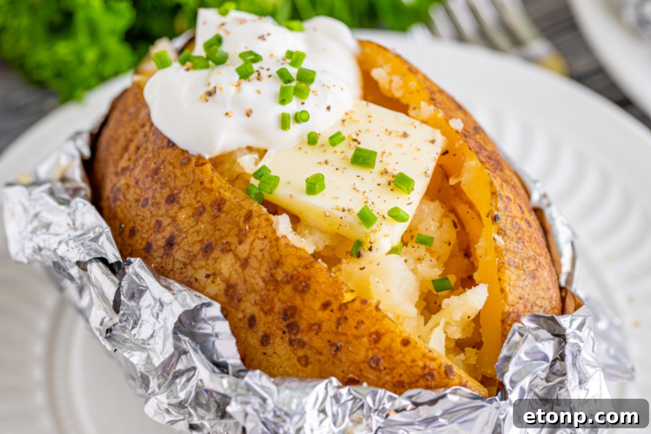 Slow Cooker Sour Cream & Chive Baked Potatoes ready to eat