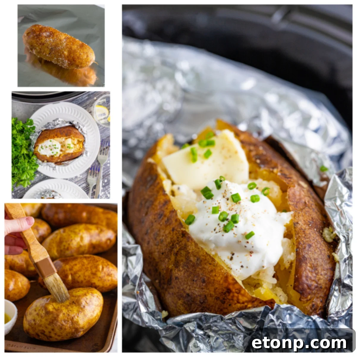 Close-up of a slow cooker baked potato with sour cream and chives