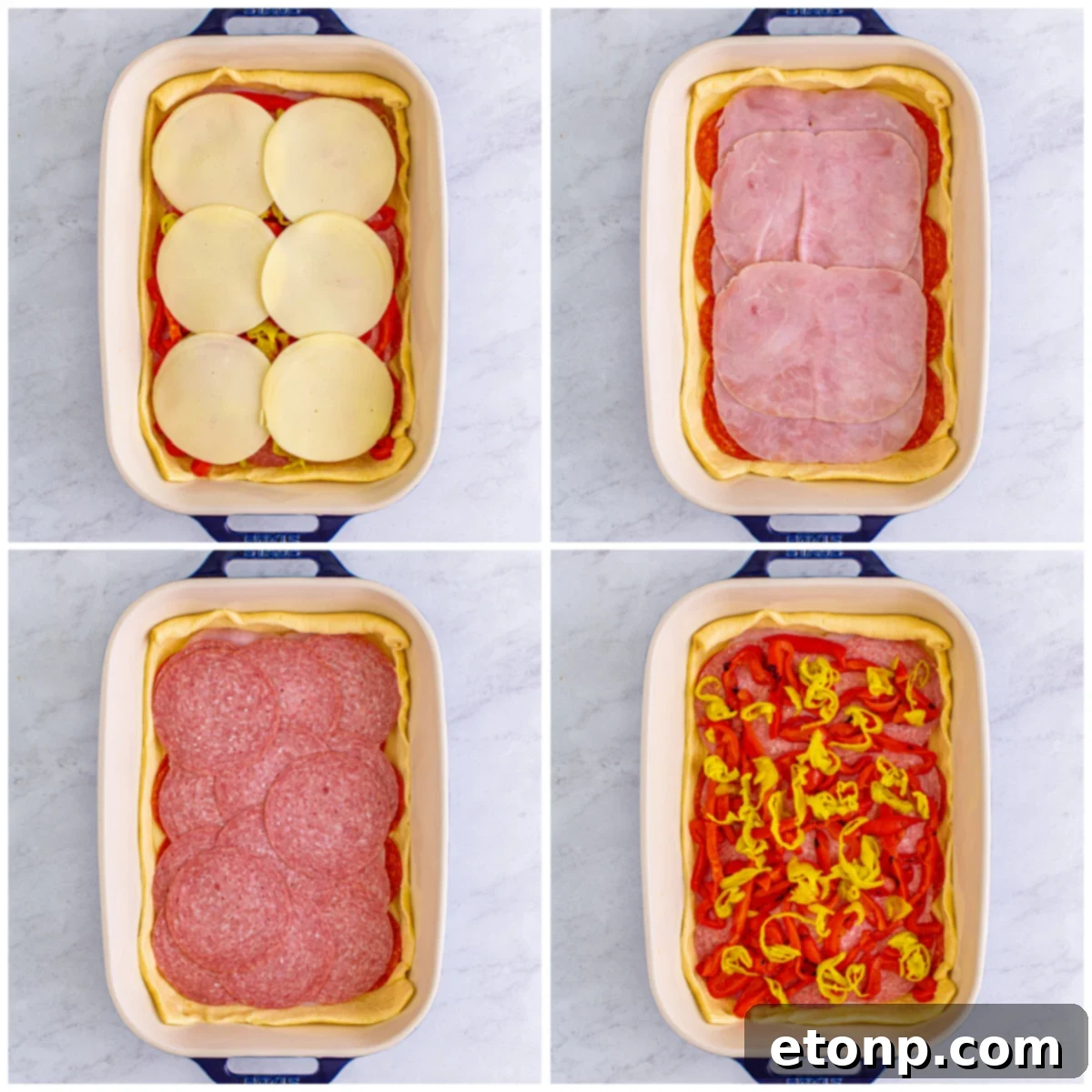 Three golden-brown Italian Antipasto Squares neatly cut and stacked on a plate, highlighting their delicious layers.