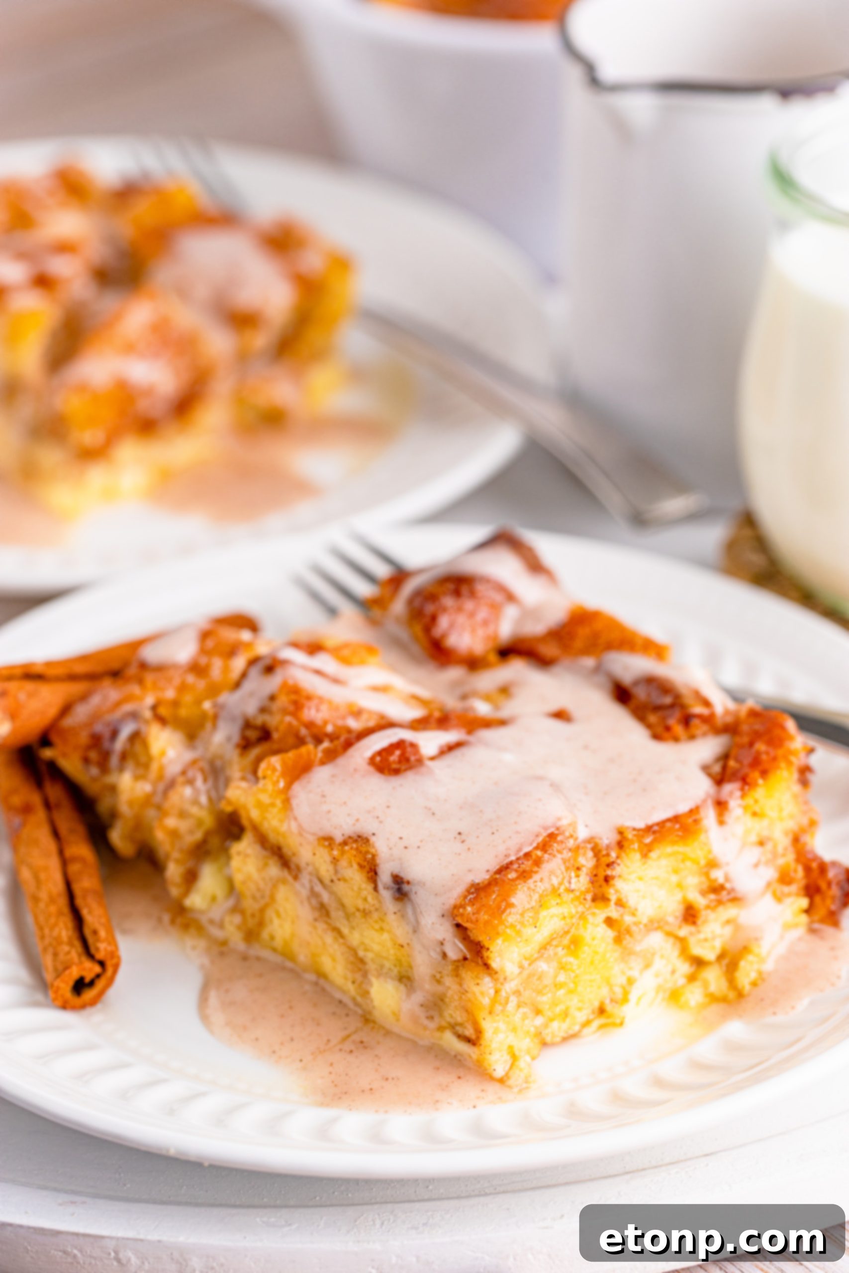 Honeybun bread pudding stored in an airtight container for leftovers