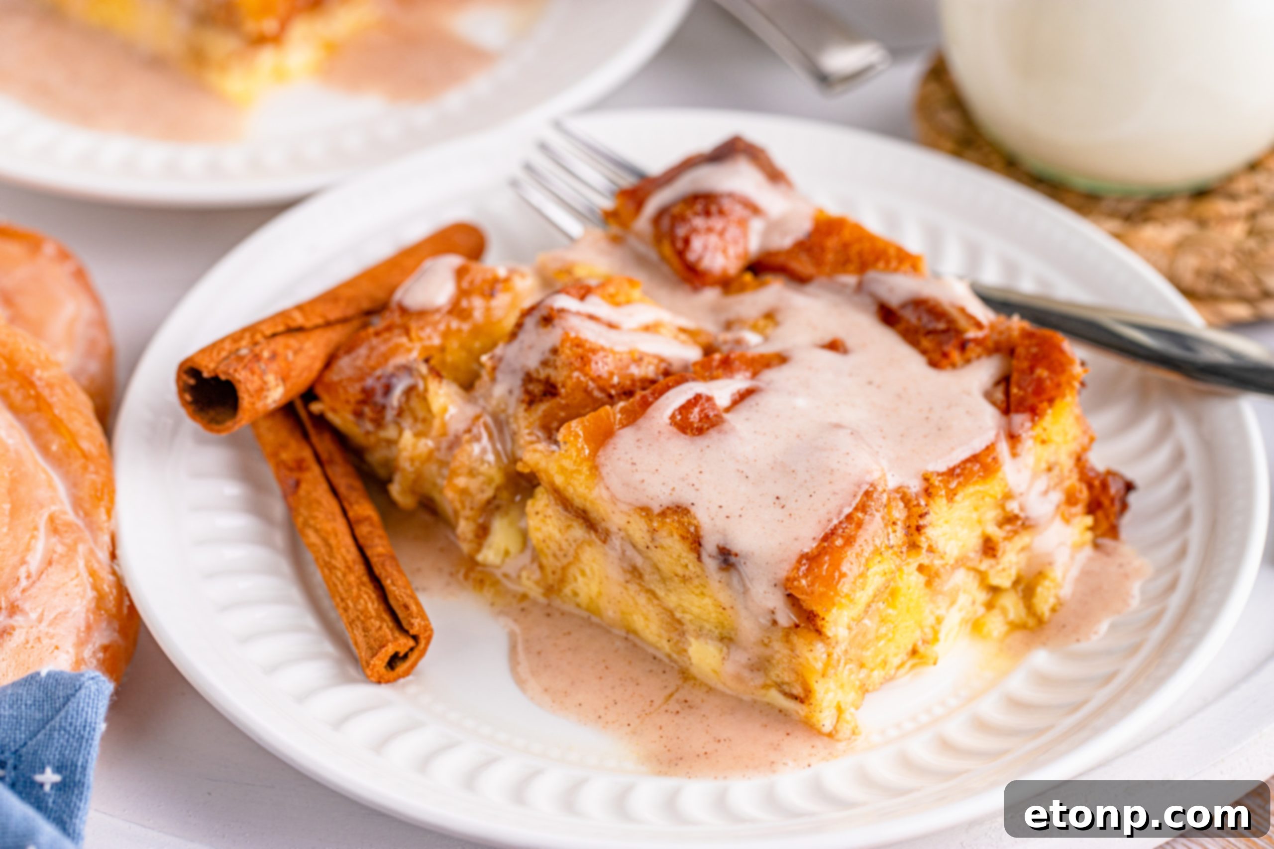 Another close-up of the honeybun bread pudding, showing off its beautiful crust