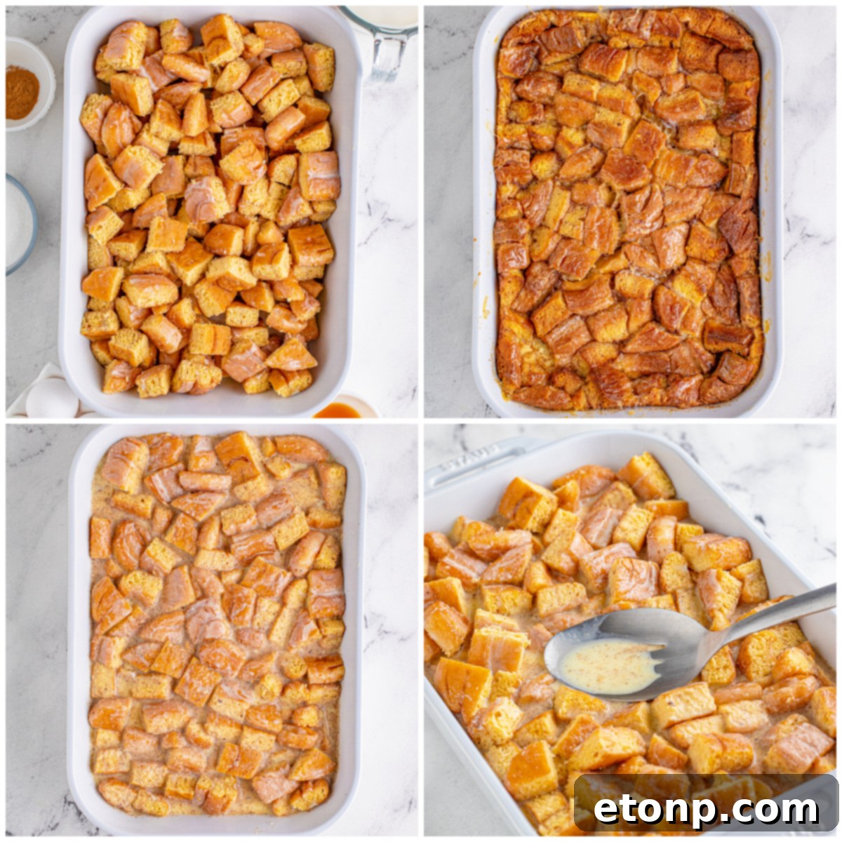 Another perspective of a single serving of honeybun bread pudding with glaze