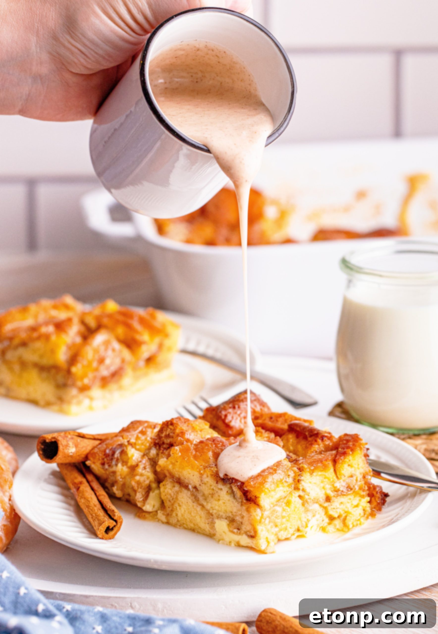 A close-up of the honeybun bread pudding, showcasing its moist interior