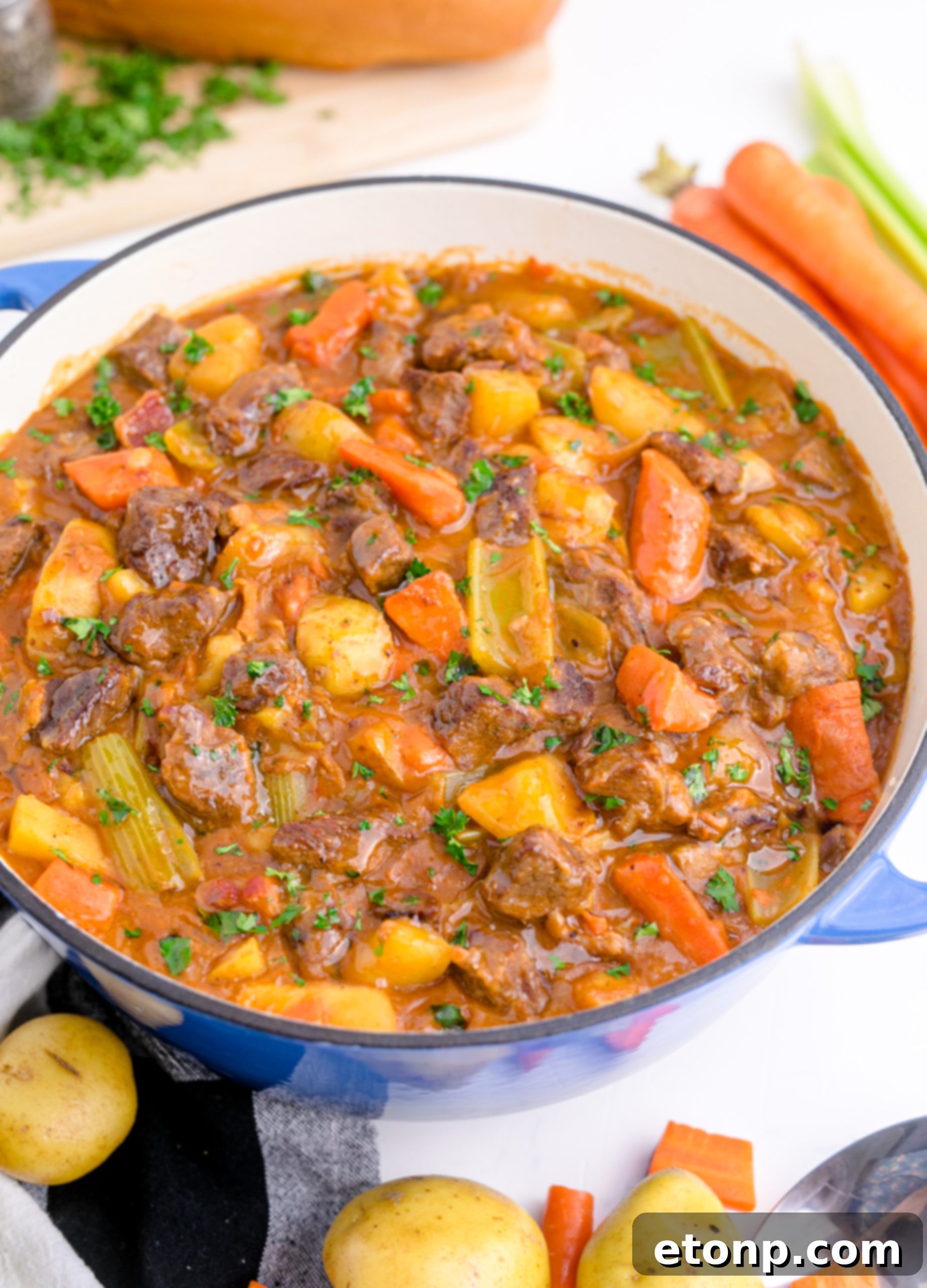 A beautifully plated serving of Guinness Beef Stew with a side of crusty bread.