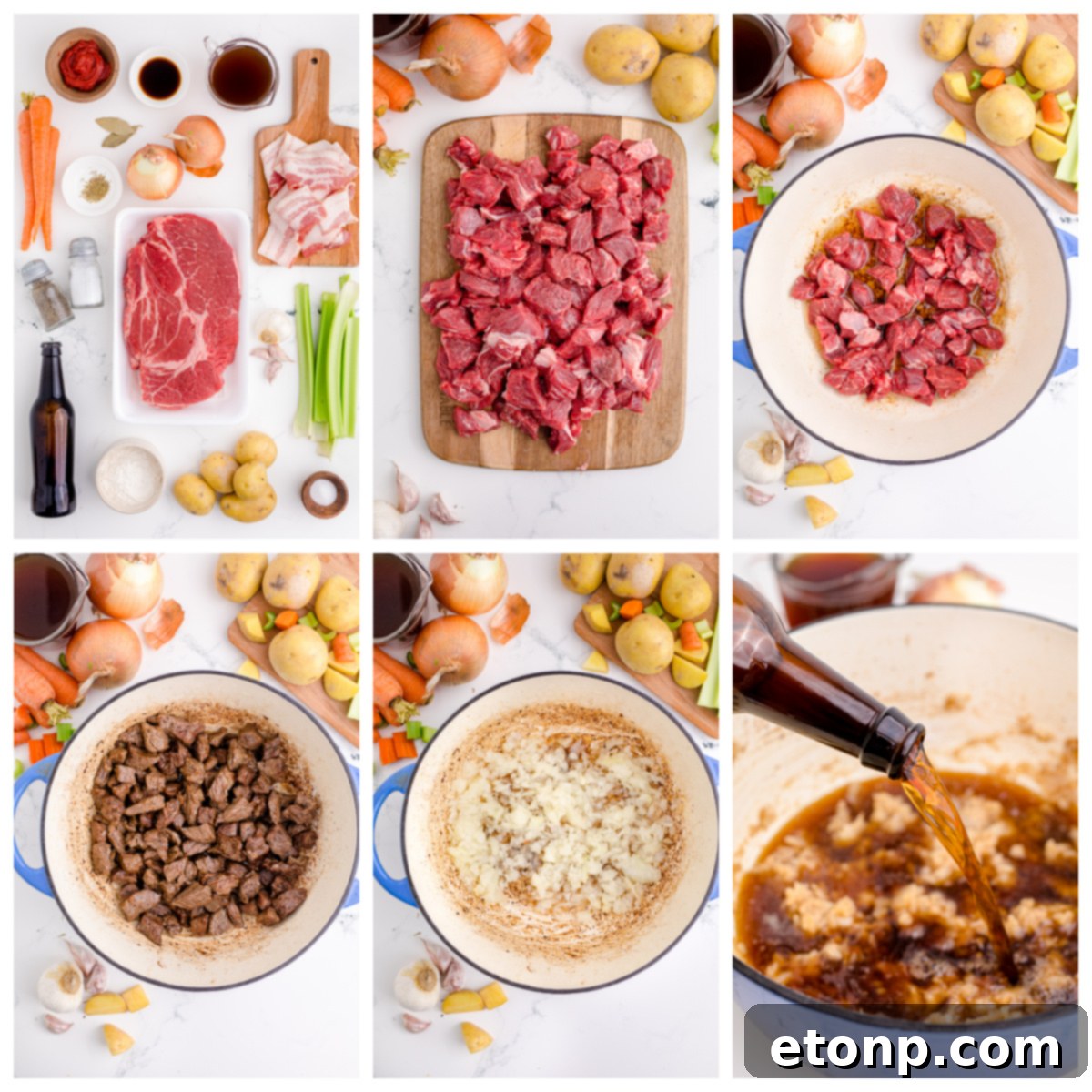 Close-up of Guinness Beef Stew ingredients, including fresh beef, carrots, onions, and a bottle of dark beer, ready for cooking.