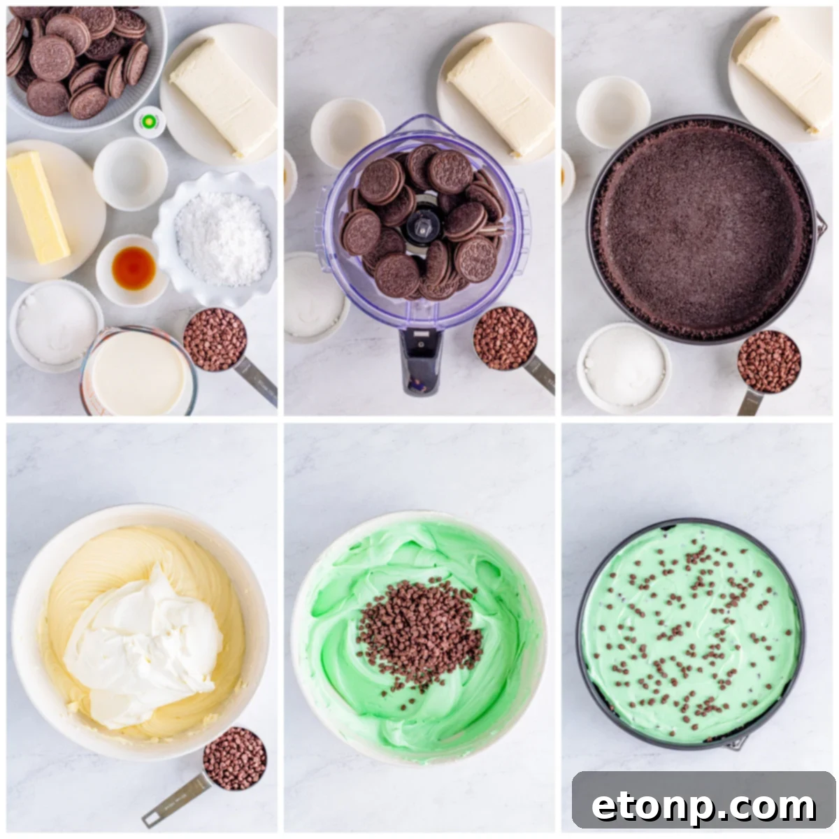 Close-up of a slice of mint chocolate chip cheesecake, highlighting its creamy texture and chocolate pieces