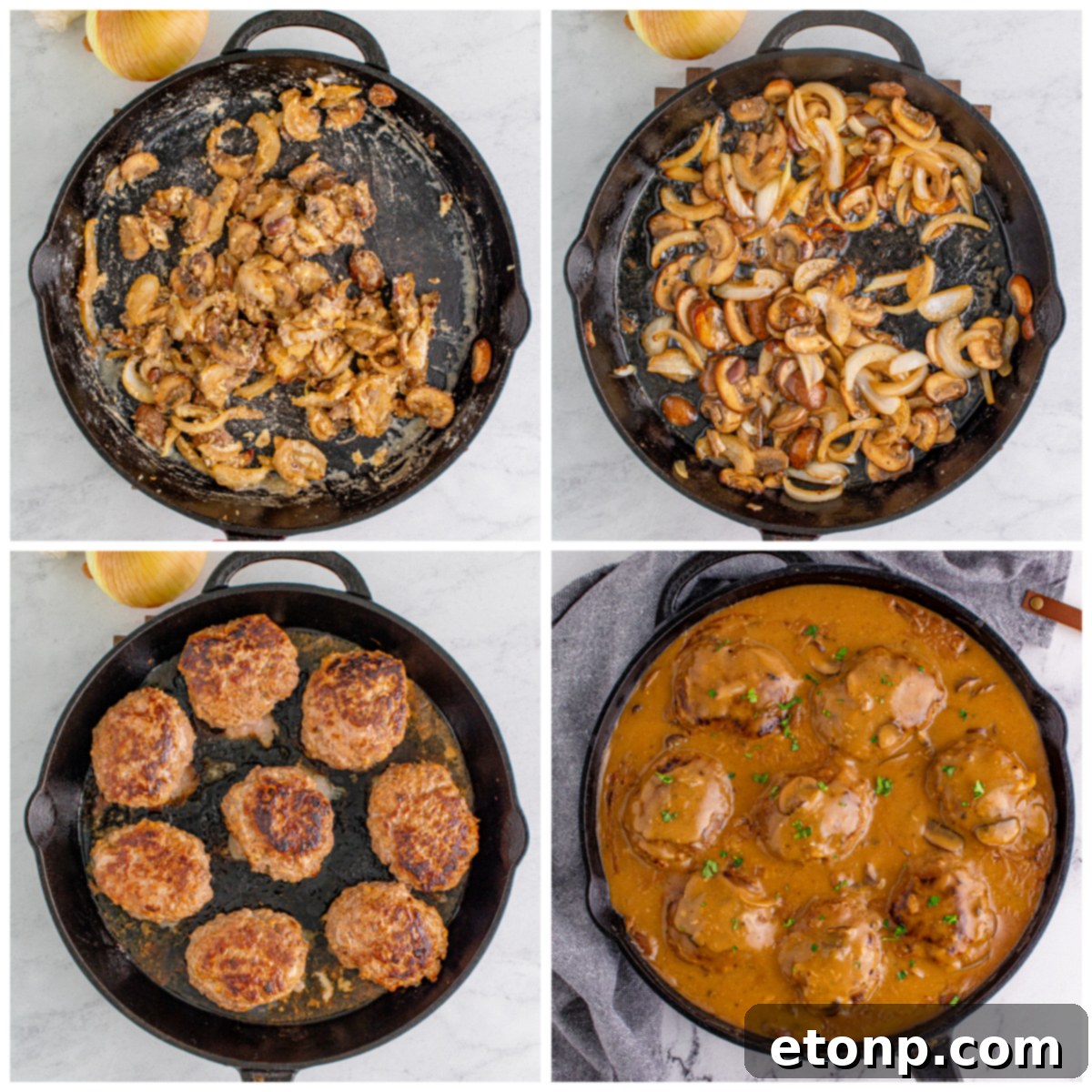Overhead shot of Salisbury Steak with gravy in a skillet