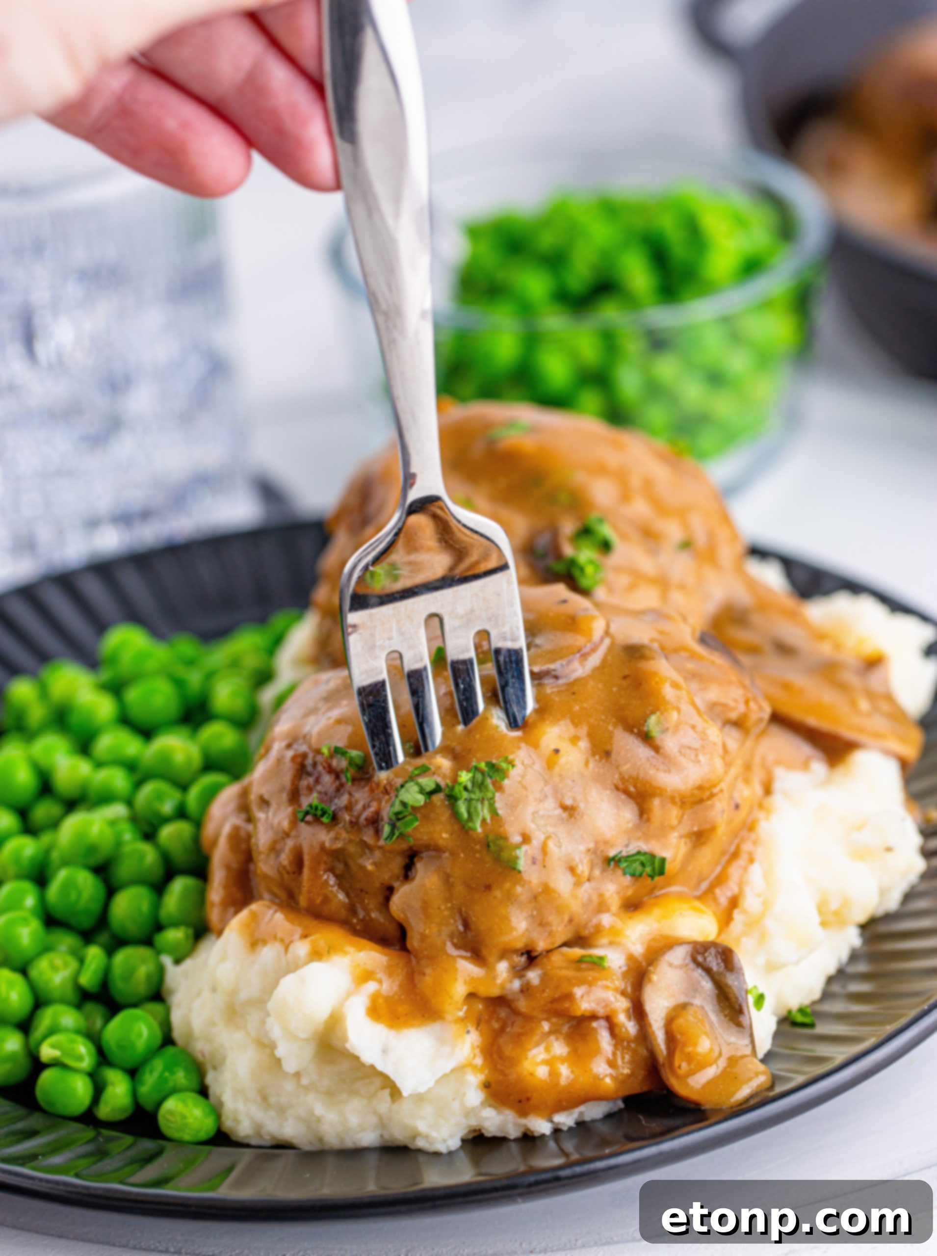 Salisbury Steak in gravy with chopped parsley garnish