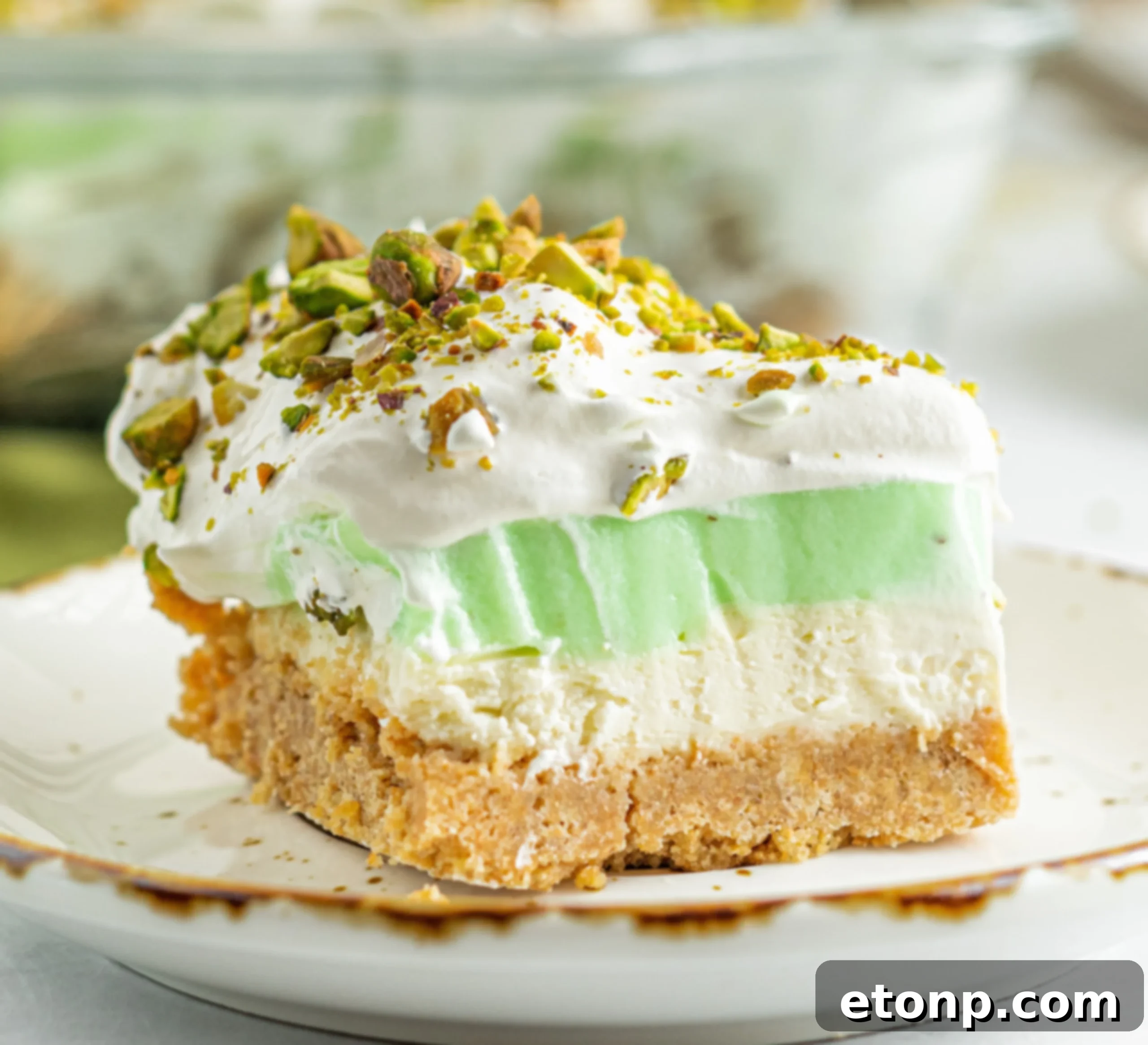 Pistachio Lush Dessert, featuring layers of green pistachio pudding, white whipped topping, and a graham cracker crust, garnished with crushed pistachios.